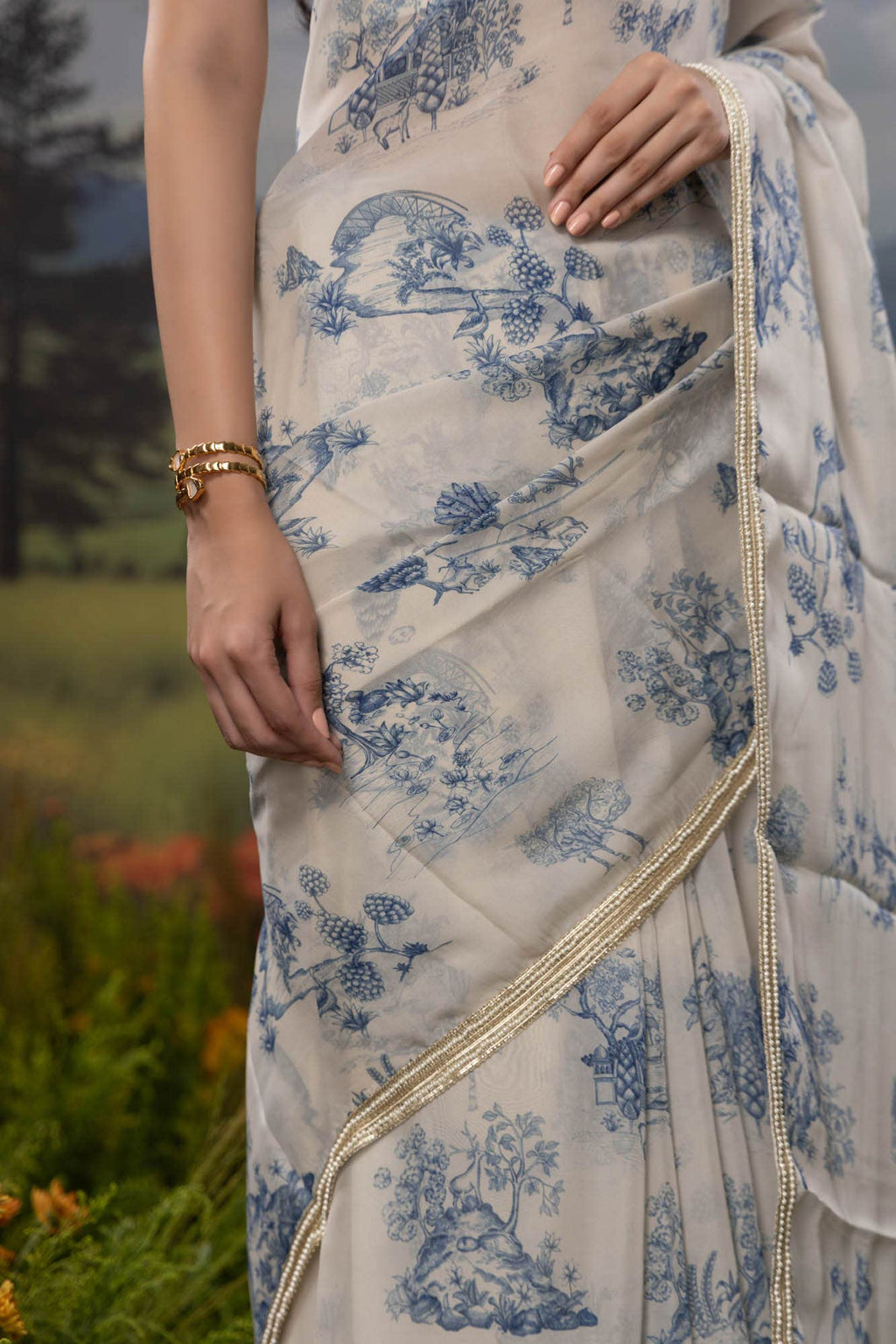 Blue Forest-White Organza Silk Saree