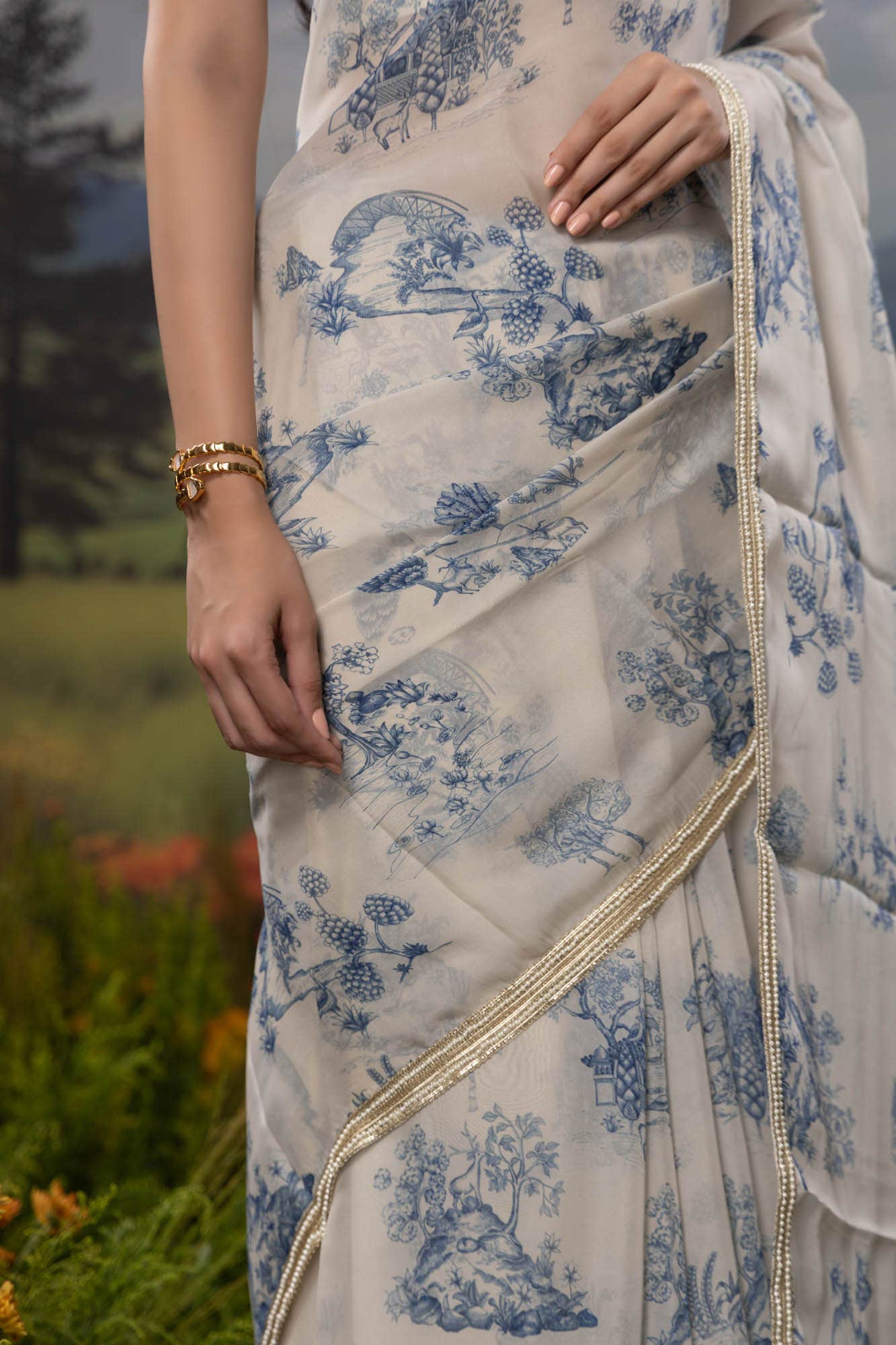 Blue Forest-White Organza Silk Saree