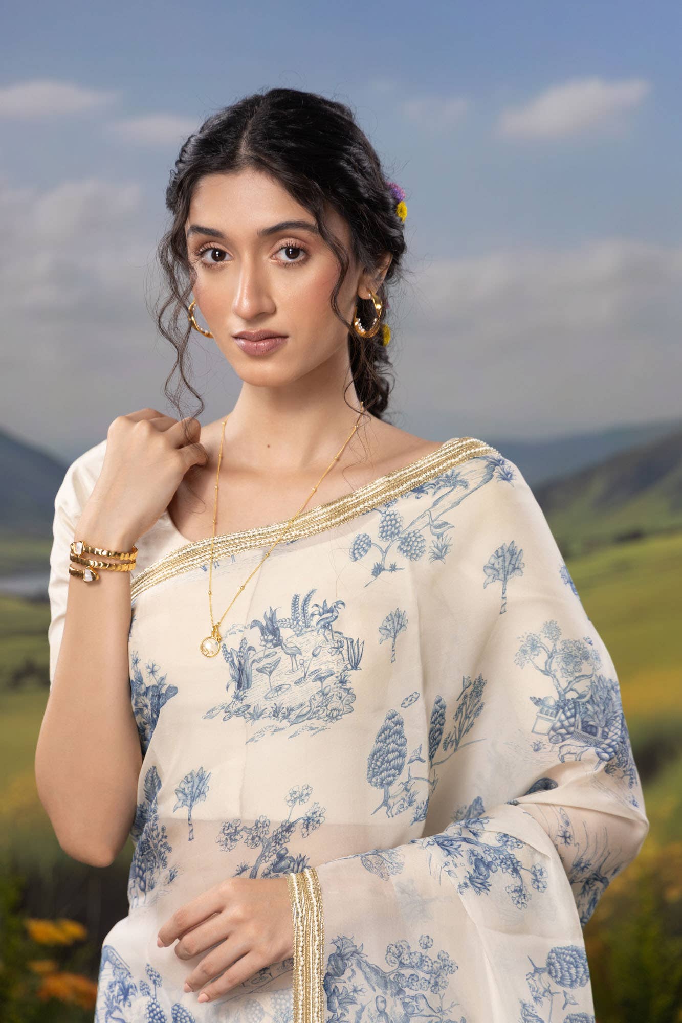 Blue Forest-White Organza Silk Saree