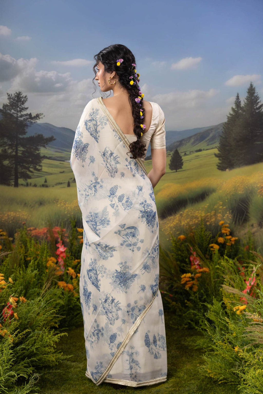 Blue Forest-White Organza Silk Saree