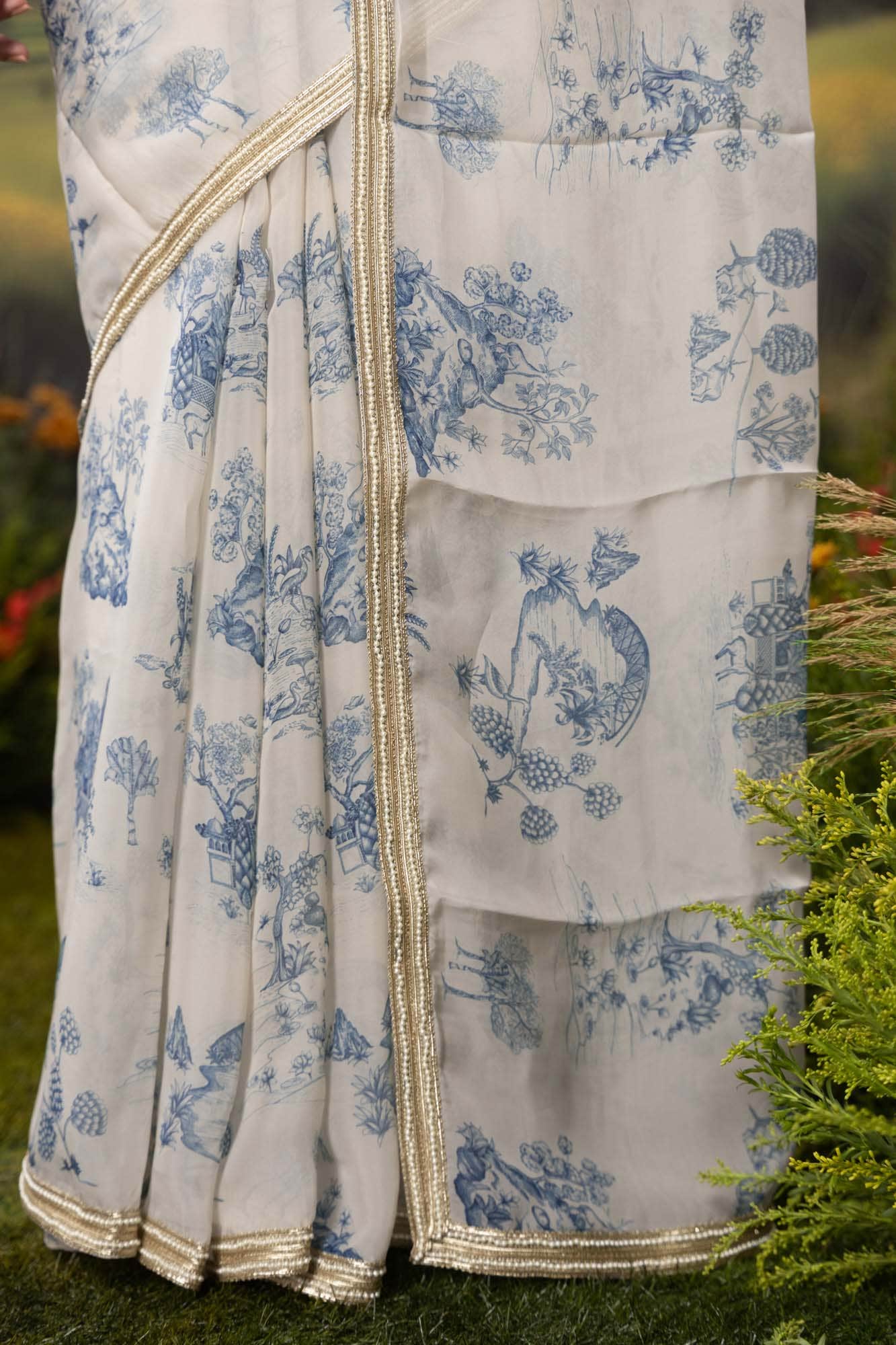 Blue Forest-White Organza Silk Saree