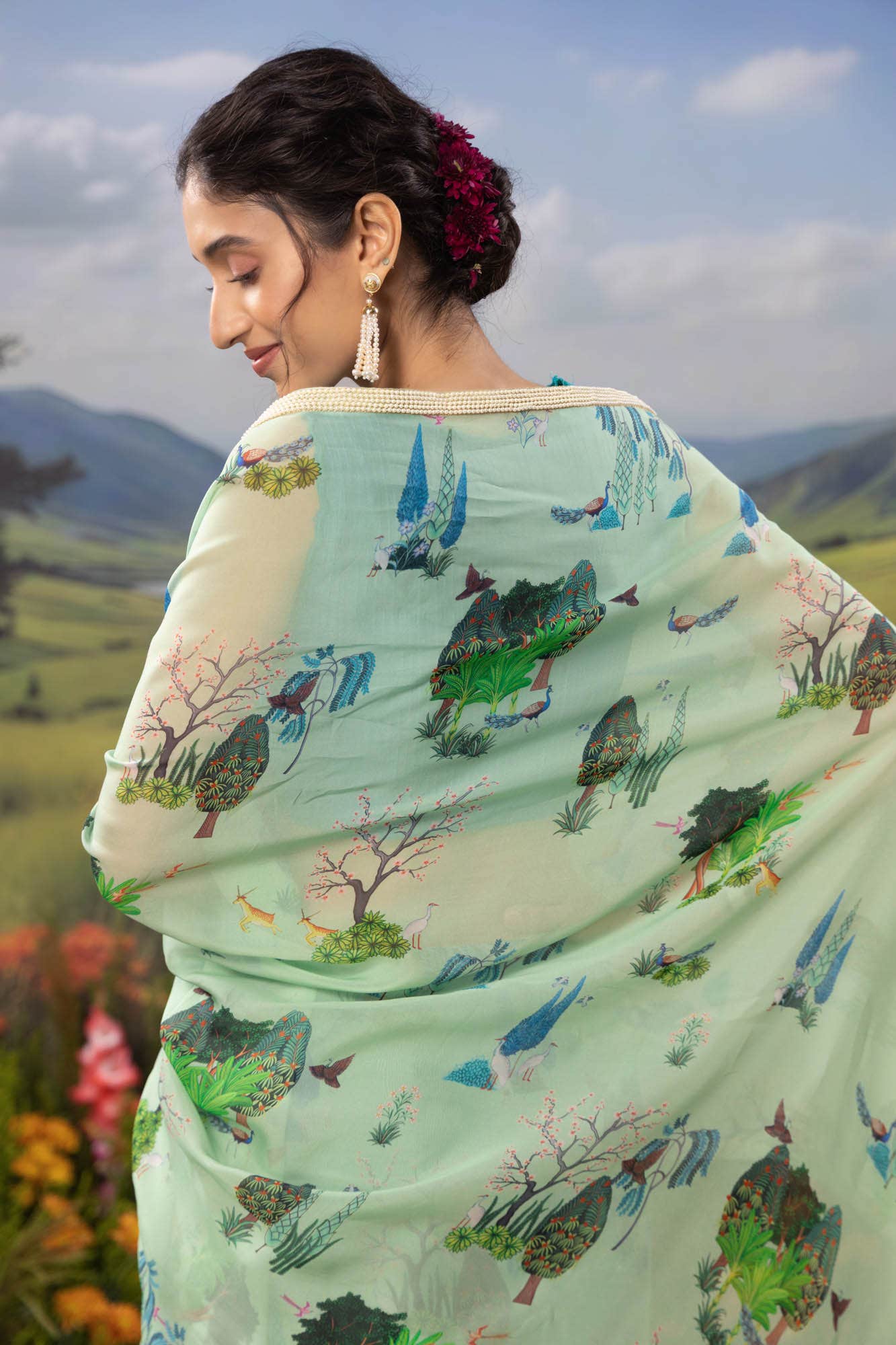 Tale of the Woods-Sea Green Organza Silk Saree