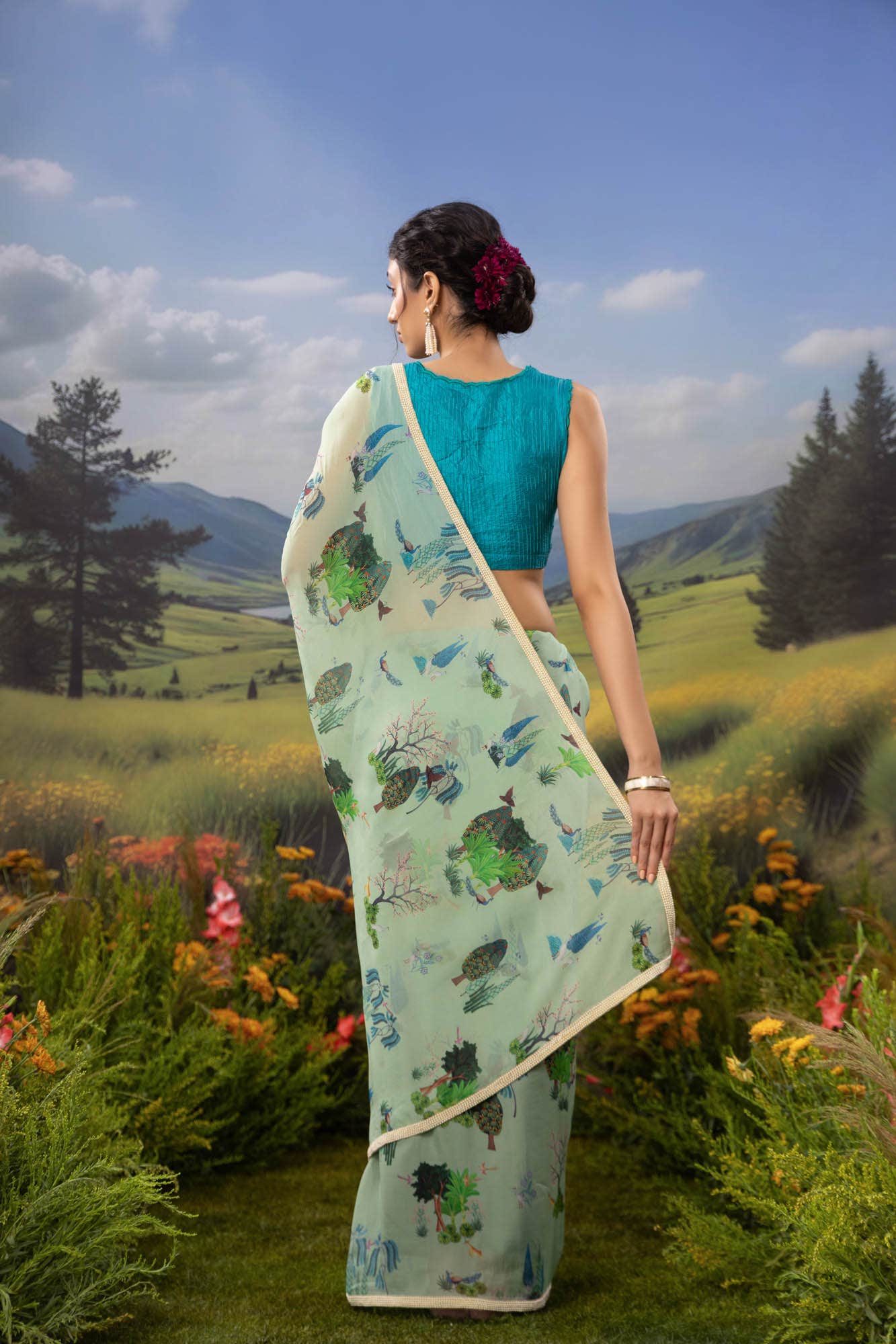 Tale of the Woods-Sea Green Organza Silk Saree