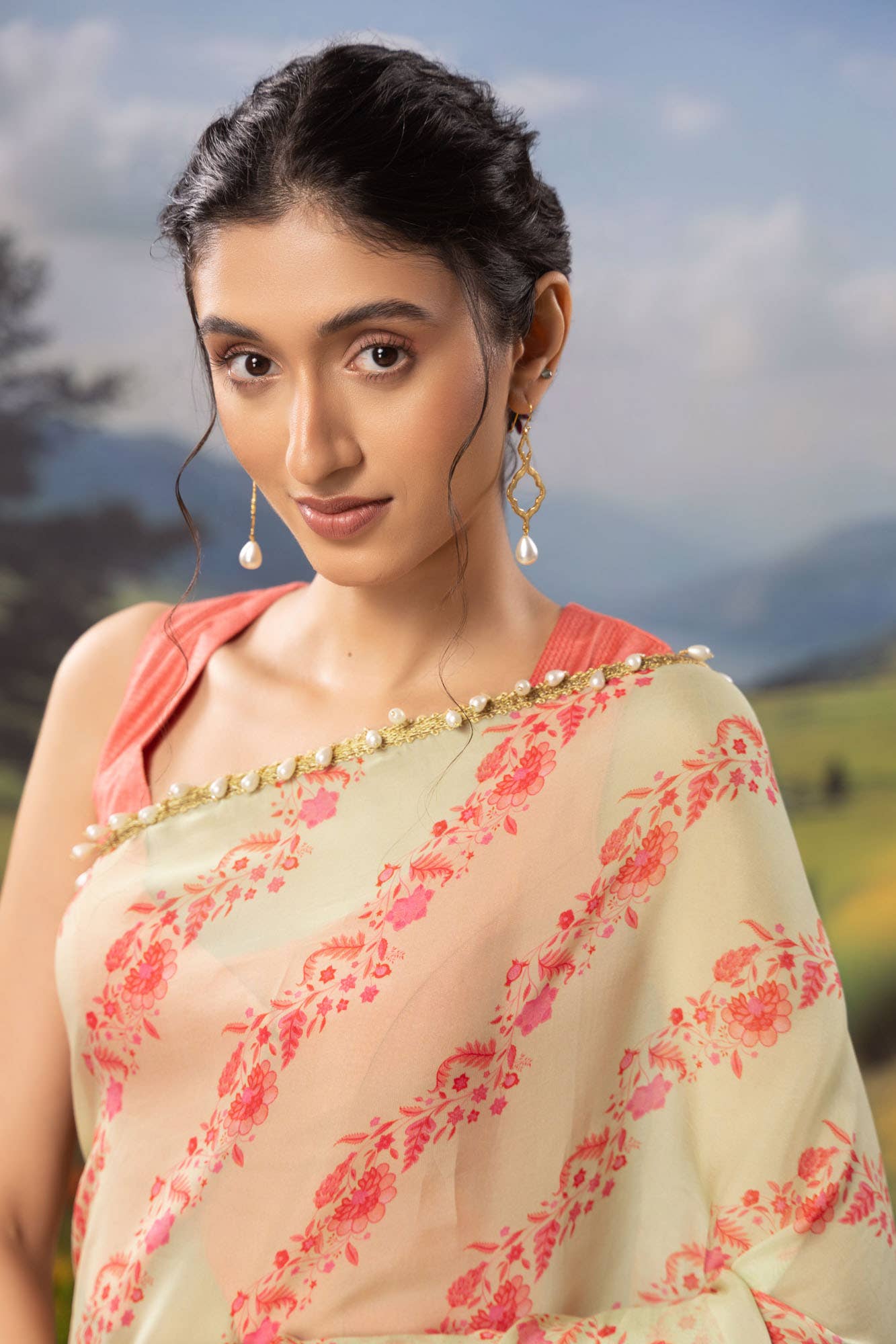 Floral Cascade-Pista Green Organza Silk Saree
