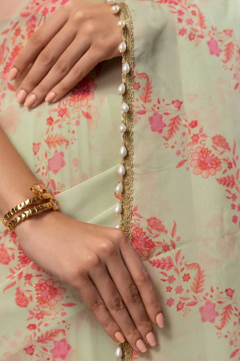 Floral Cascade-Pista Green Organza Silk Saree