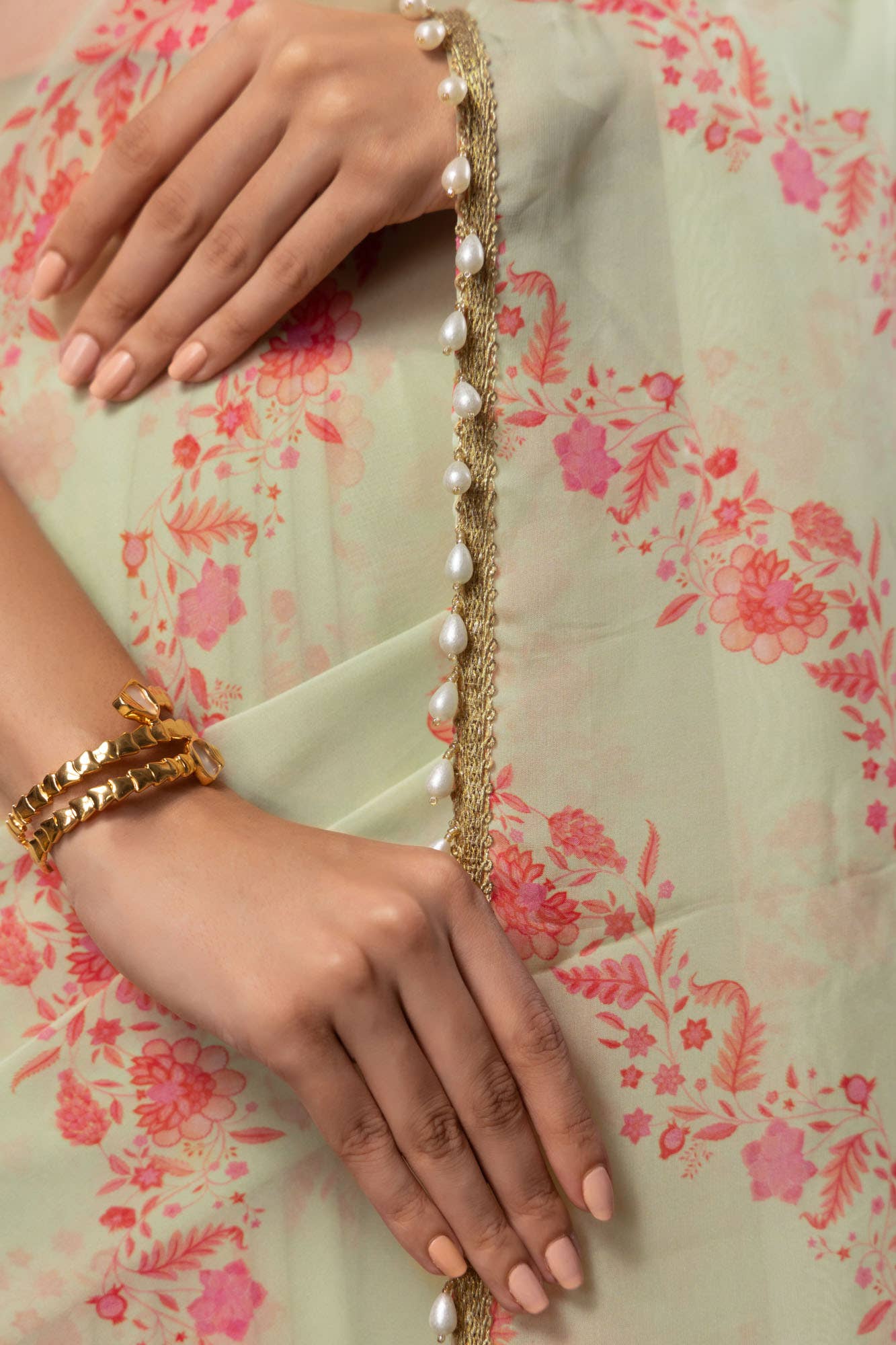 Floral Cascade-Pista Green Organza Silk Saree