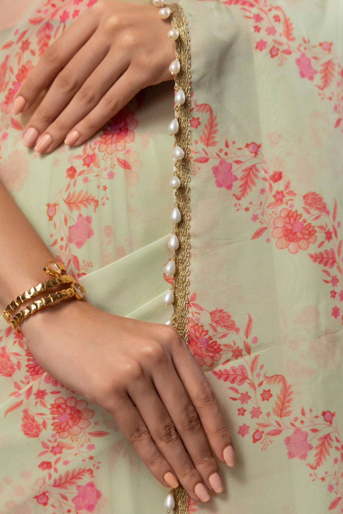 Floral Cascade-Pista Green Organza Silk Saree
