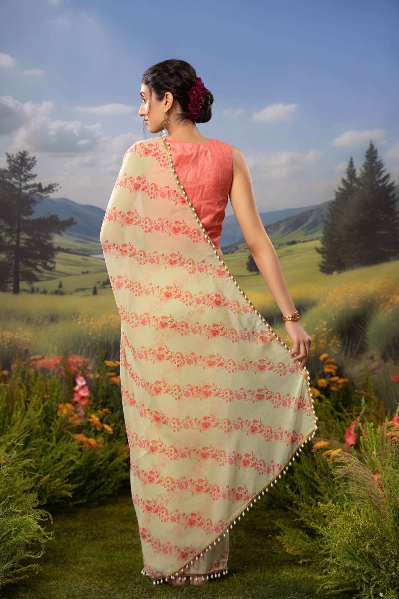 Floral Cascade-Pista Green Organza Silk Saree
