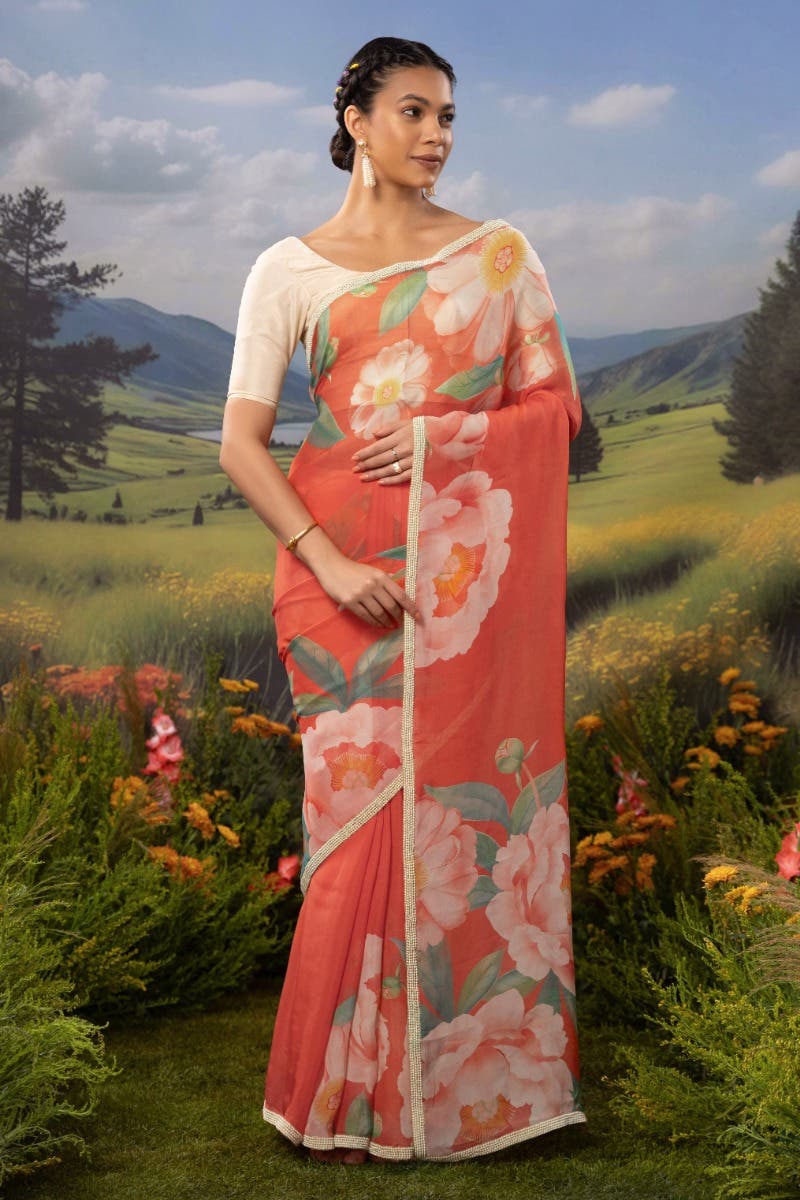 Flaming Peonies-Orange Organza Silk Saree