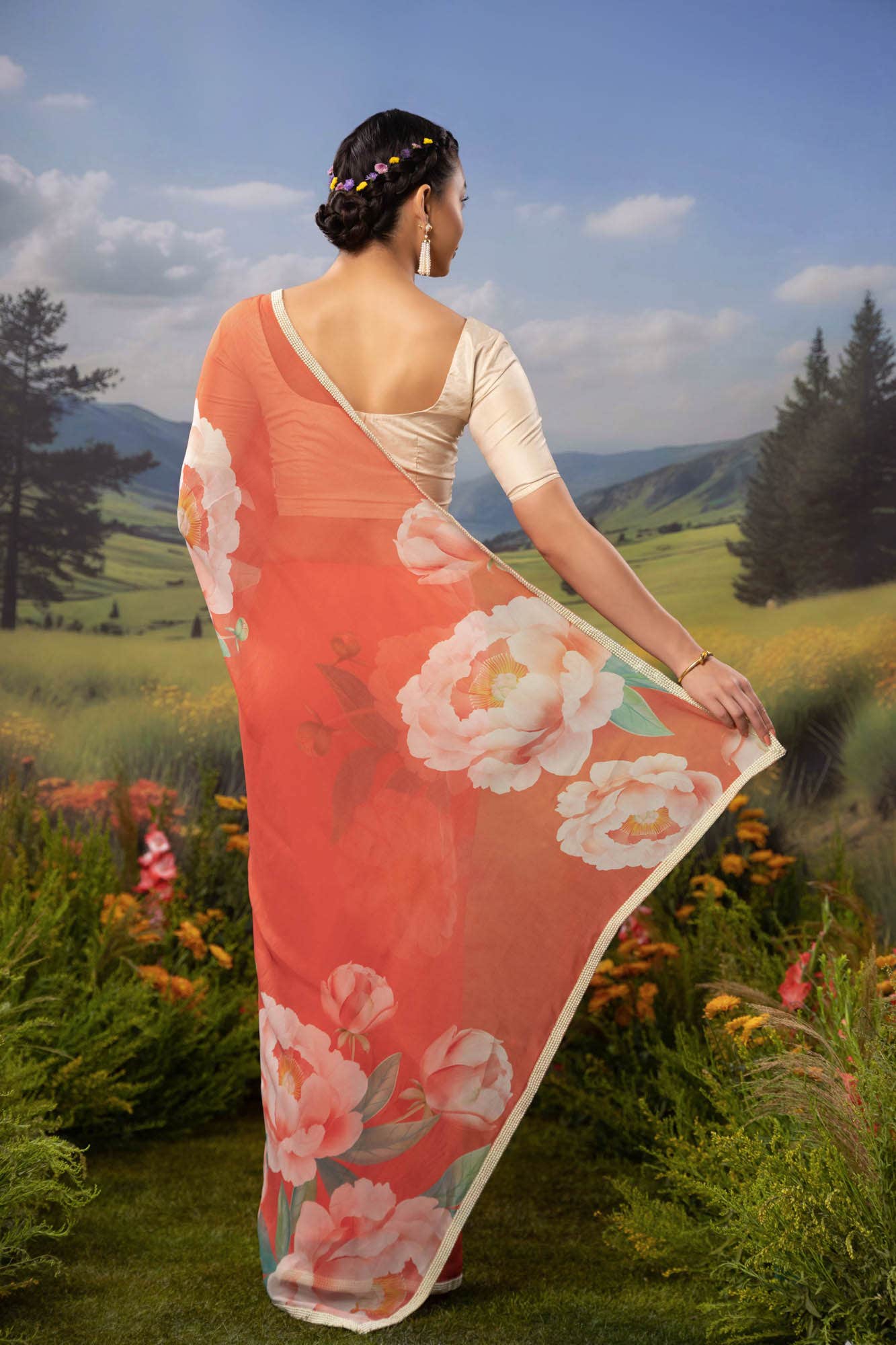 Flaming Peonies-Orange Organza Silk Saree