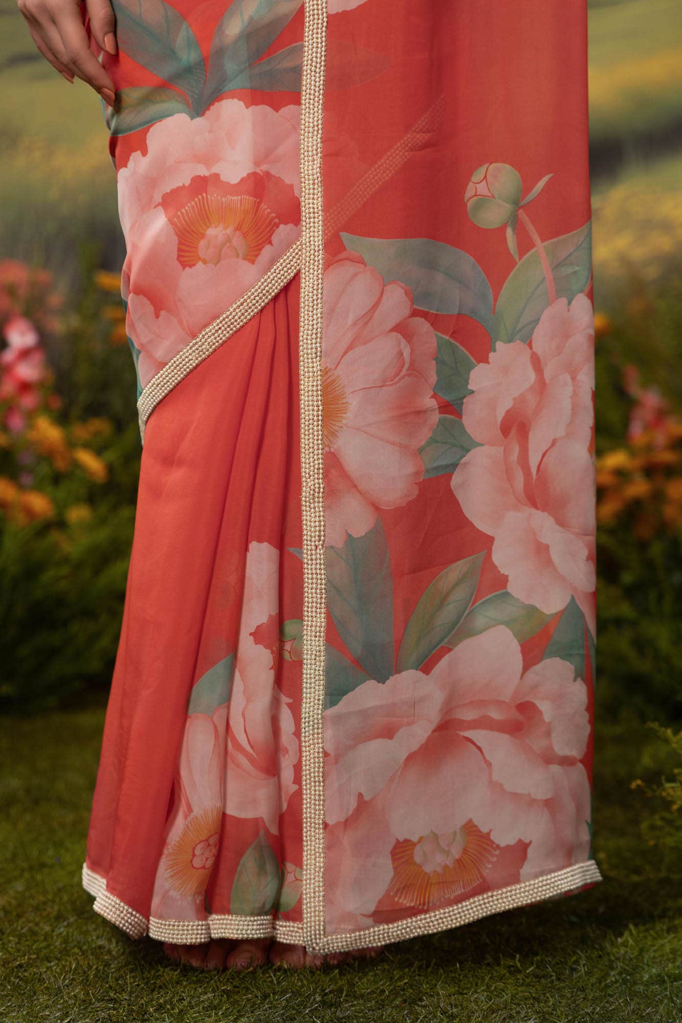 Flaming Peonies-Orange Organza Silk Saree