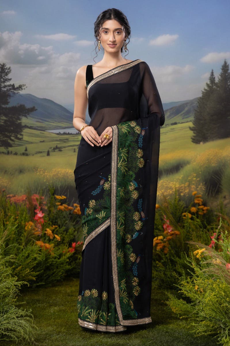 Peacocks in Love-Black Organza Silk Saree