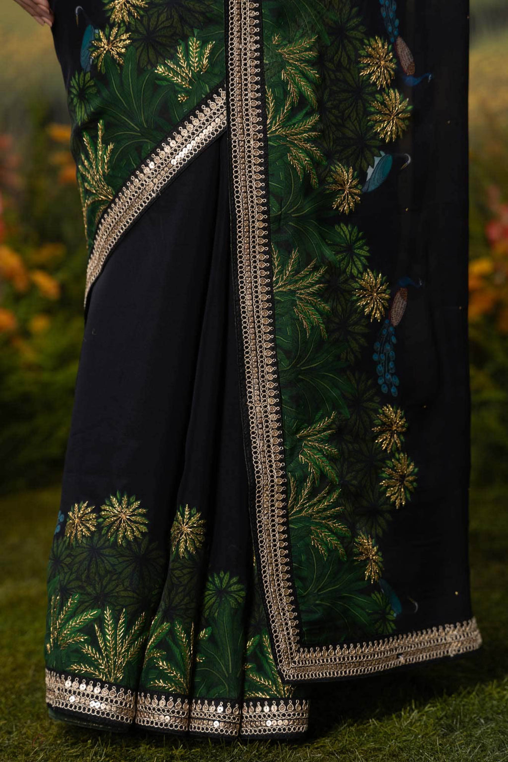 Peacocks in Love-Black Organza Silk Saree