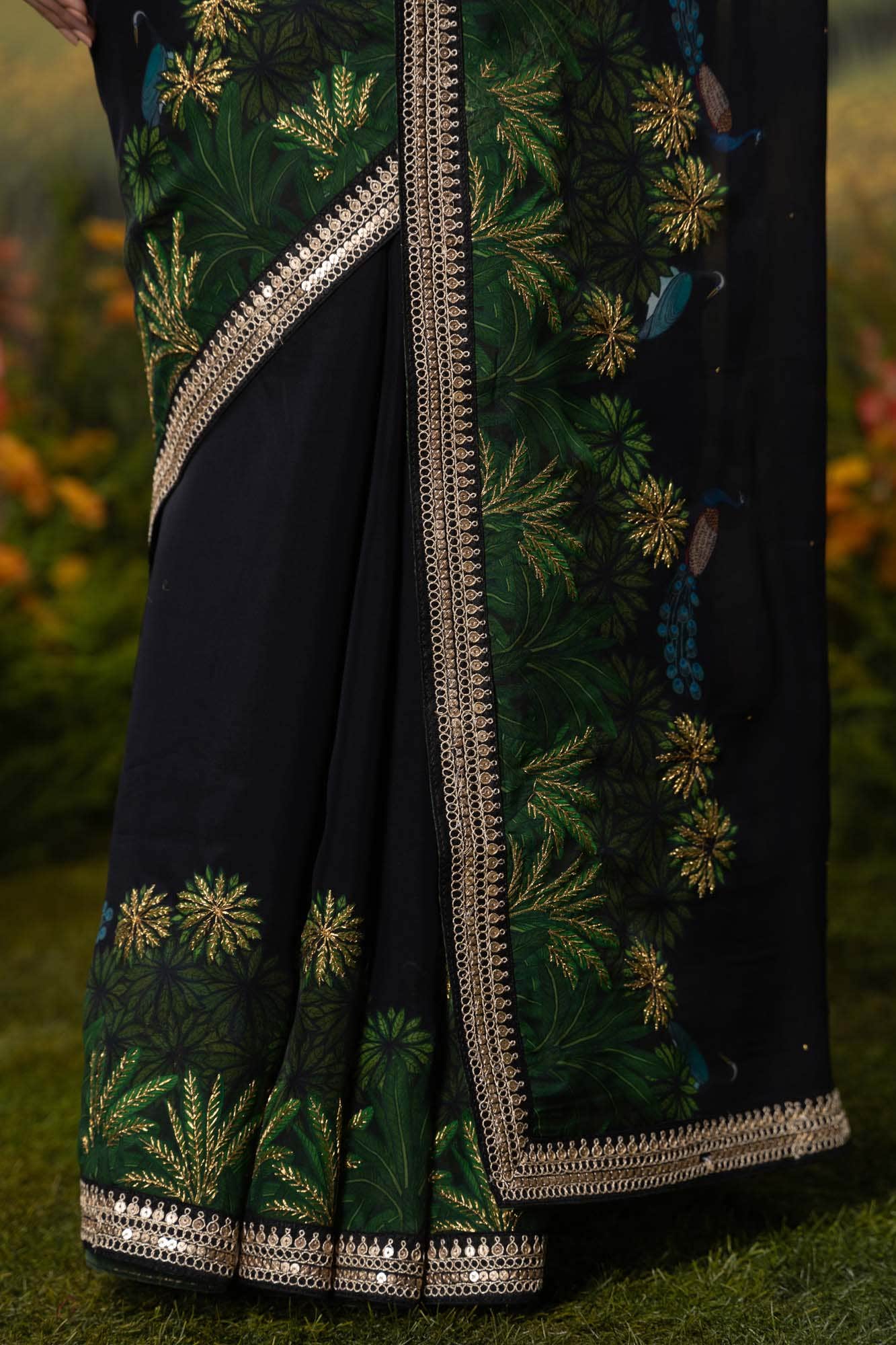 Peacocks in Love-Black Organza Silk Saree