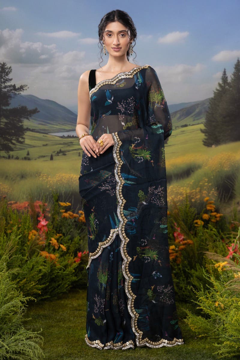 Enchanted Dreams-Dark Blue Organza Silk Saree