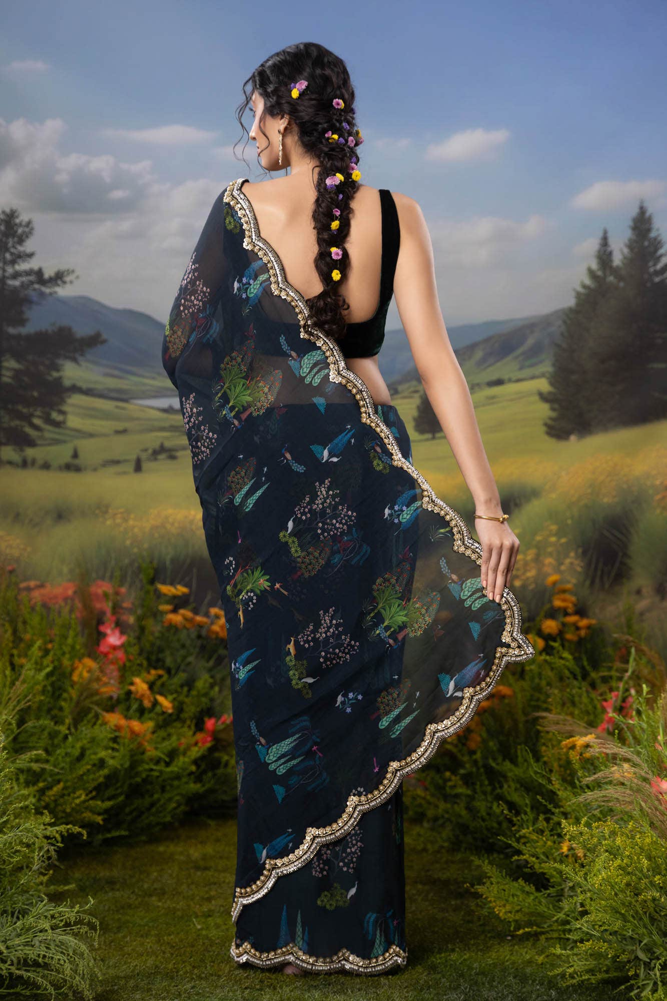 Enchanted Dreams-Dark Blue Organza Silk Saree