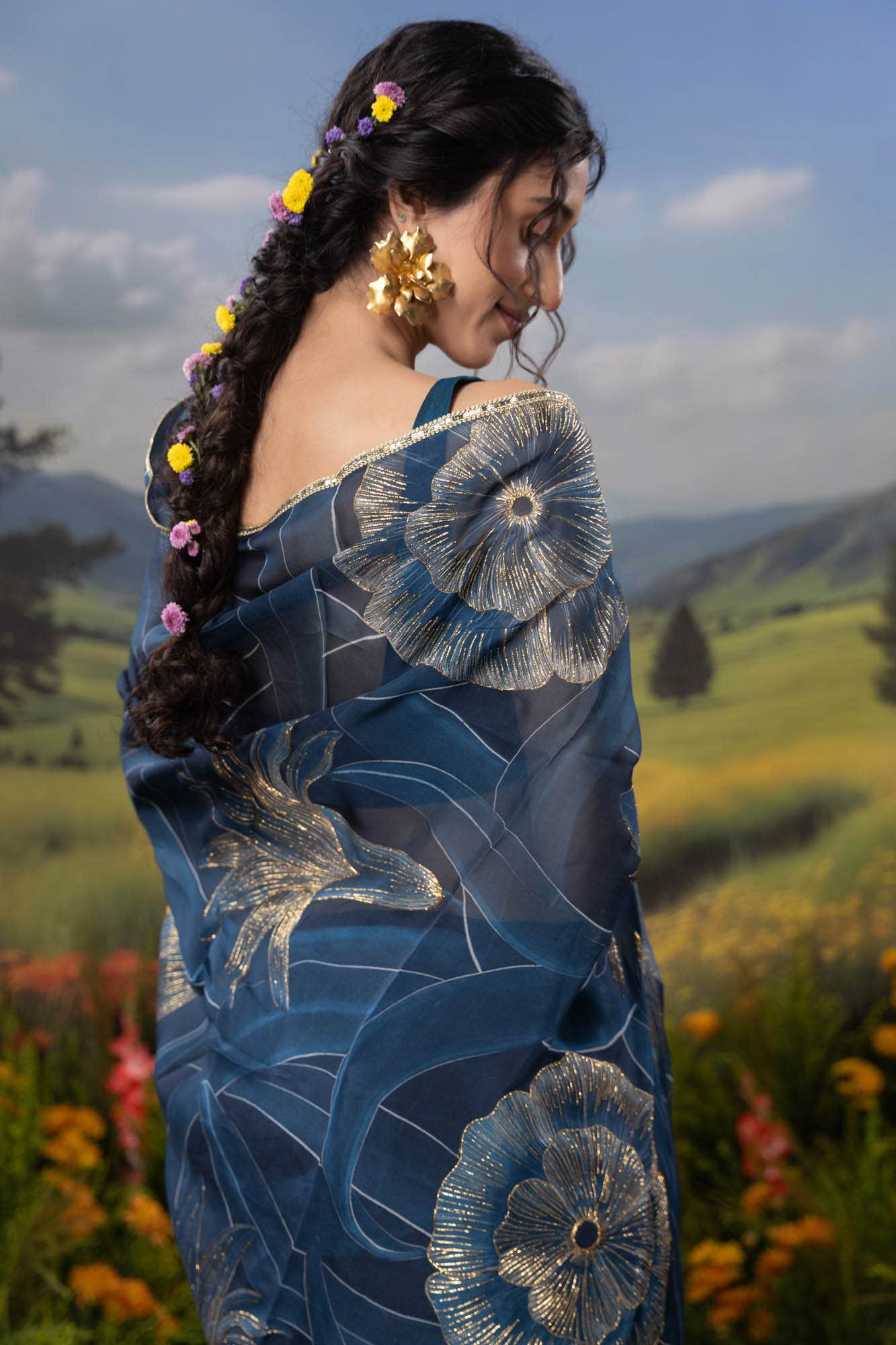 Gilded Daffodils-Blue Organza Silk Saree
