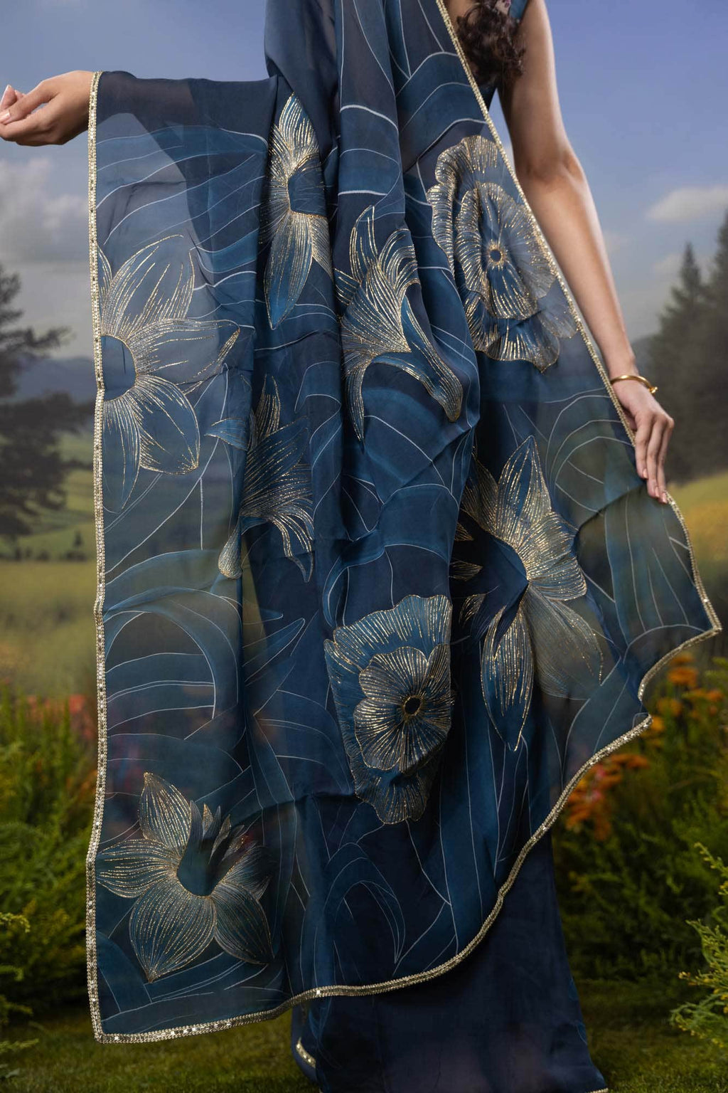 Gilded Daffodils-Blue Organza Silk Saree