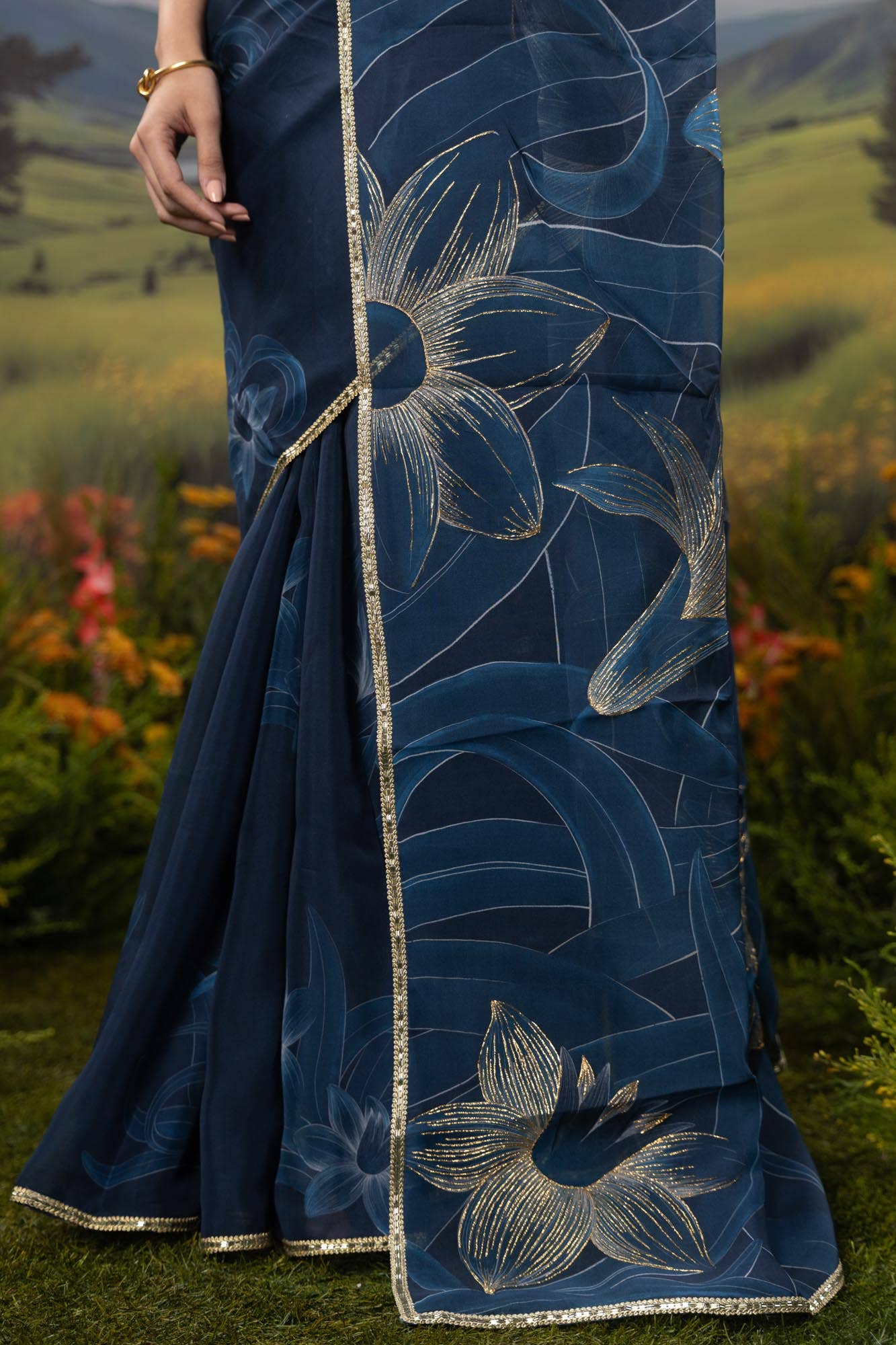 Gilded Daffodils-Blue Organza Silk Saree
