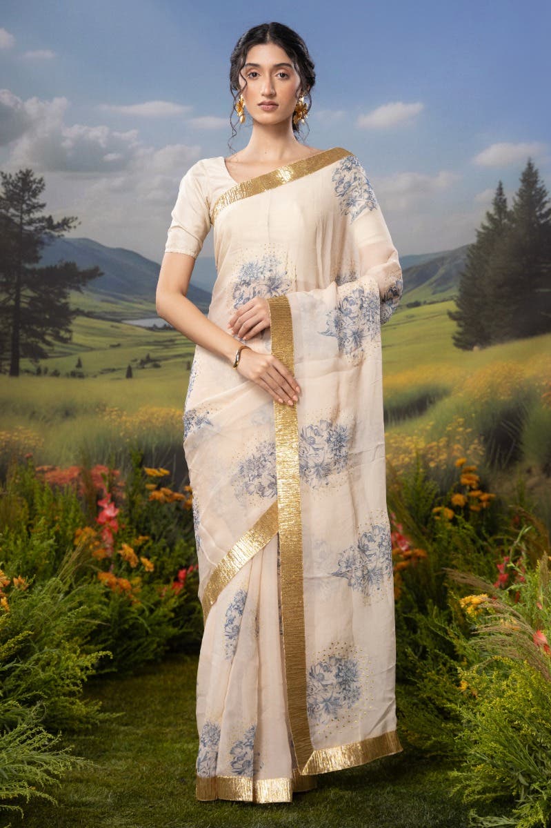 Etched in Gold-Off White Organza Silk Saree