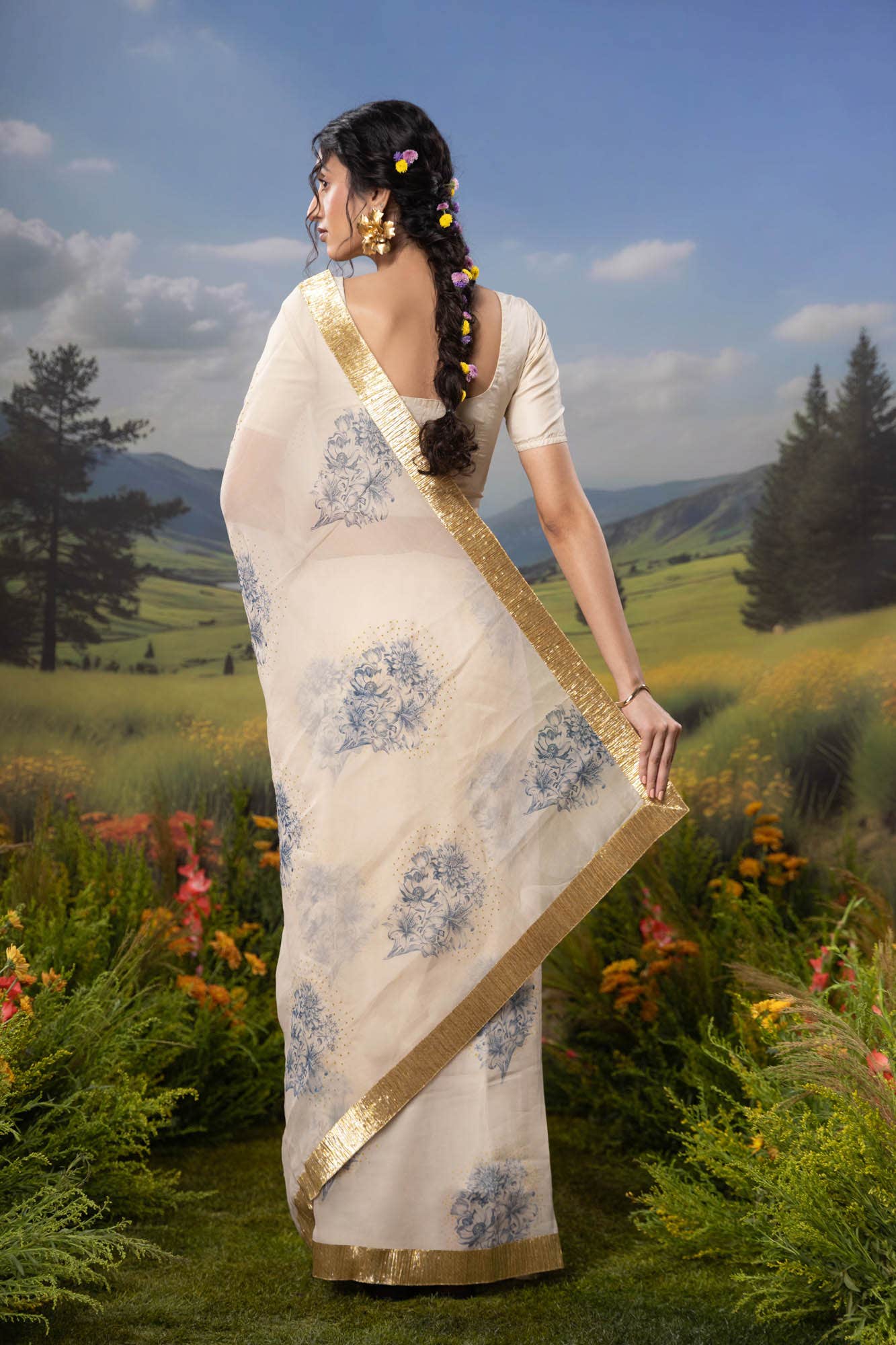 Etched in Gold-Off White Organza Silk Saree
