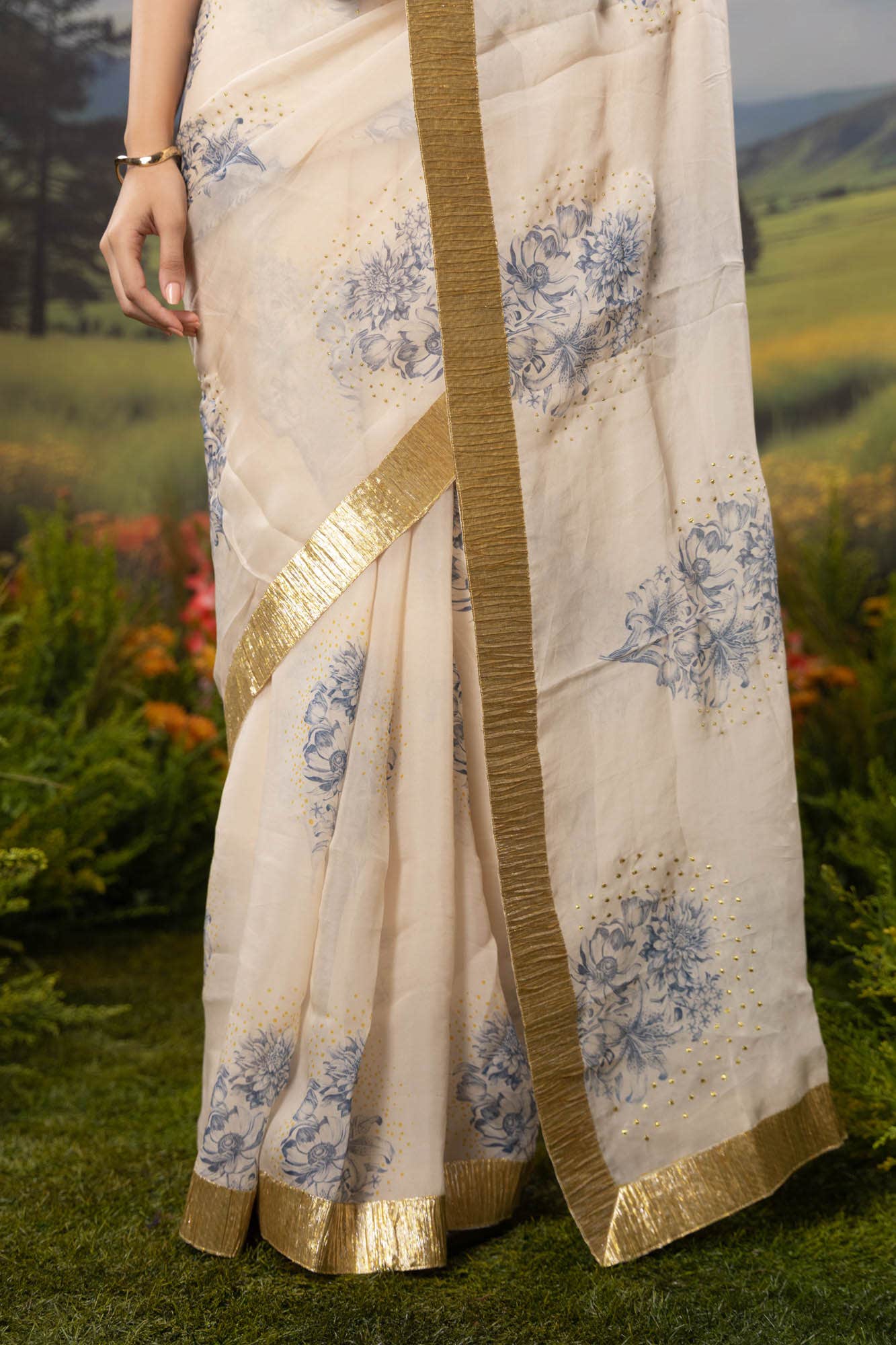 Etched in Gold-Off White Organza Silk Saree