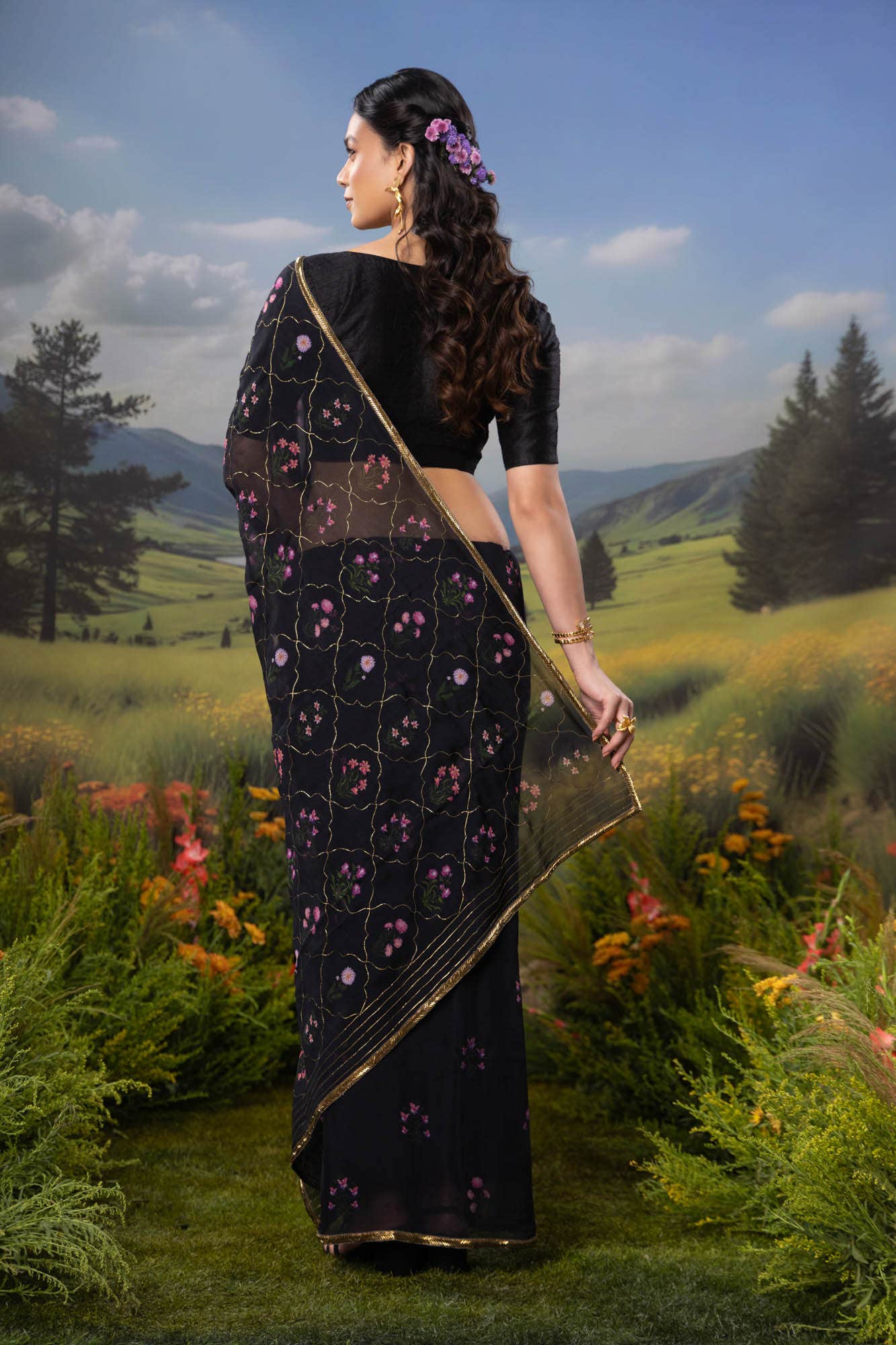 Courtyard of Love-Black Organza Silk Saree