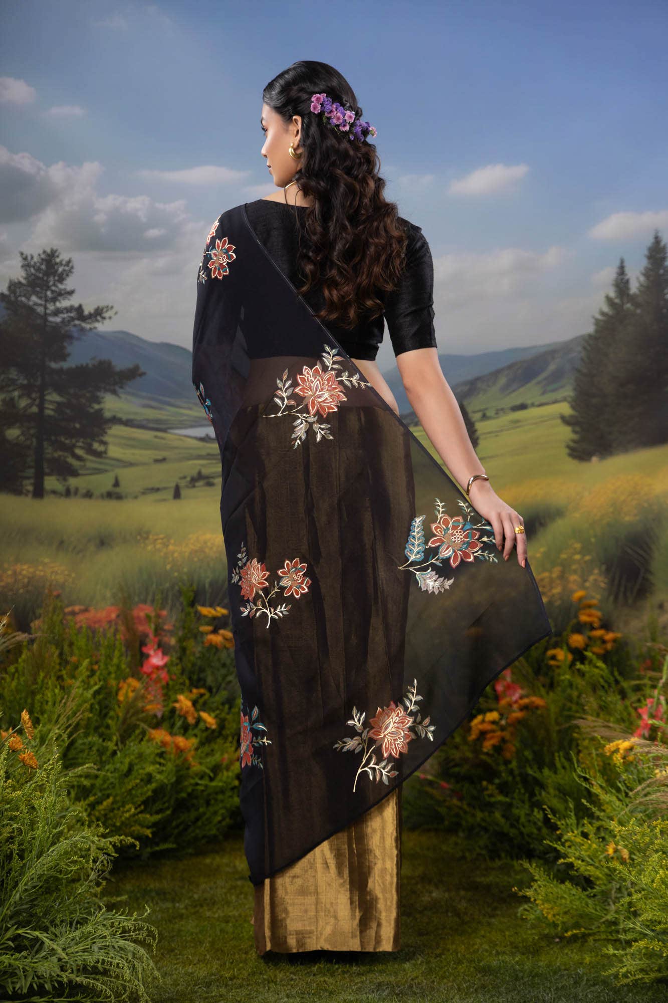 Dawn and Dusk-Gold & Black Organza Silk Saree