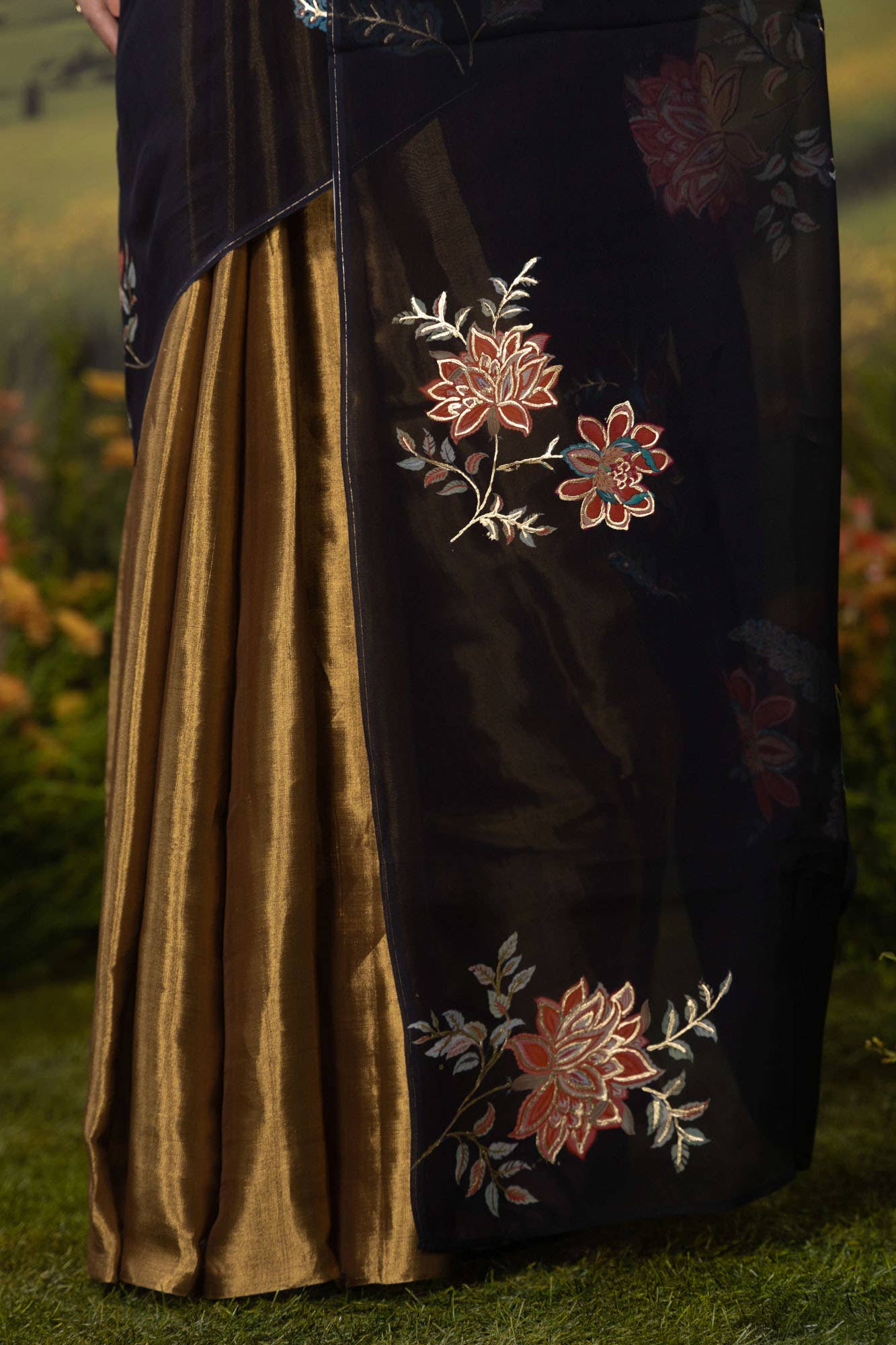 Dawn and Dusk-Gold & Black Organza Silk Saree