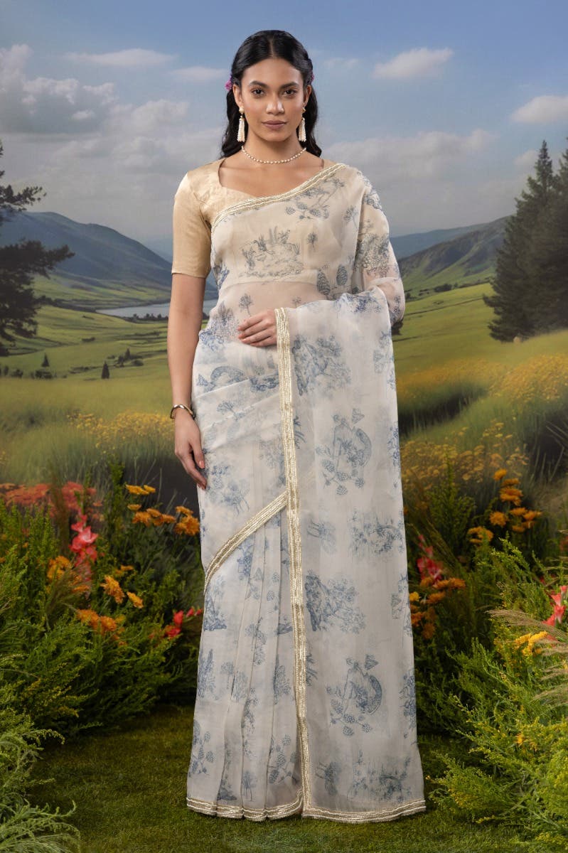 Blue Forest-White Pure Organza Silk Saree