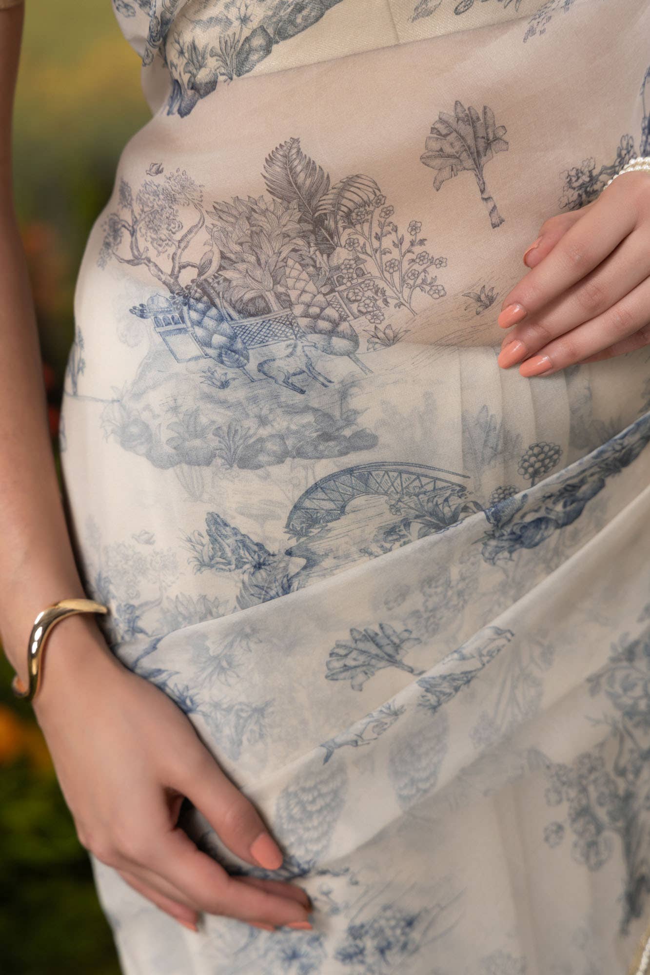Blue Forest-White Pure Organza Silk Saree
