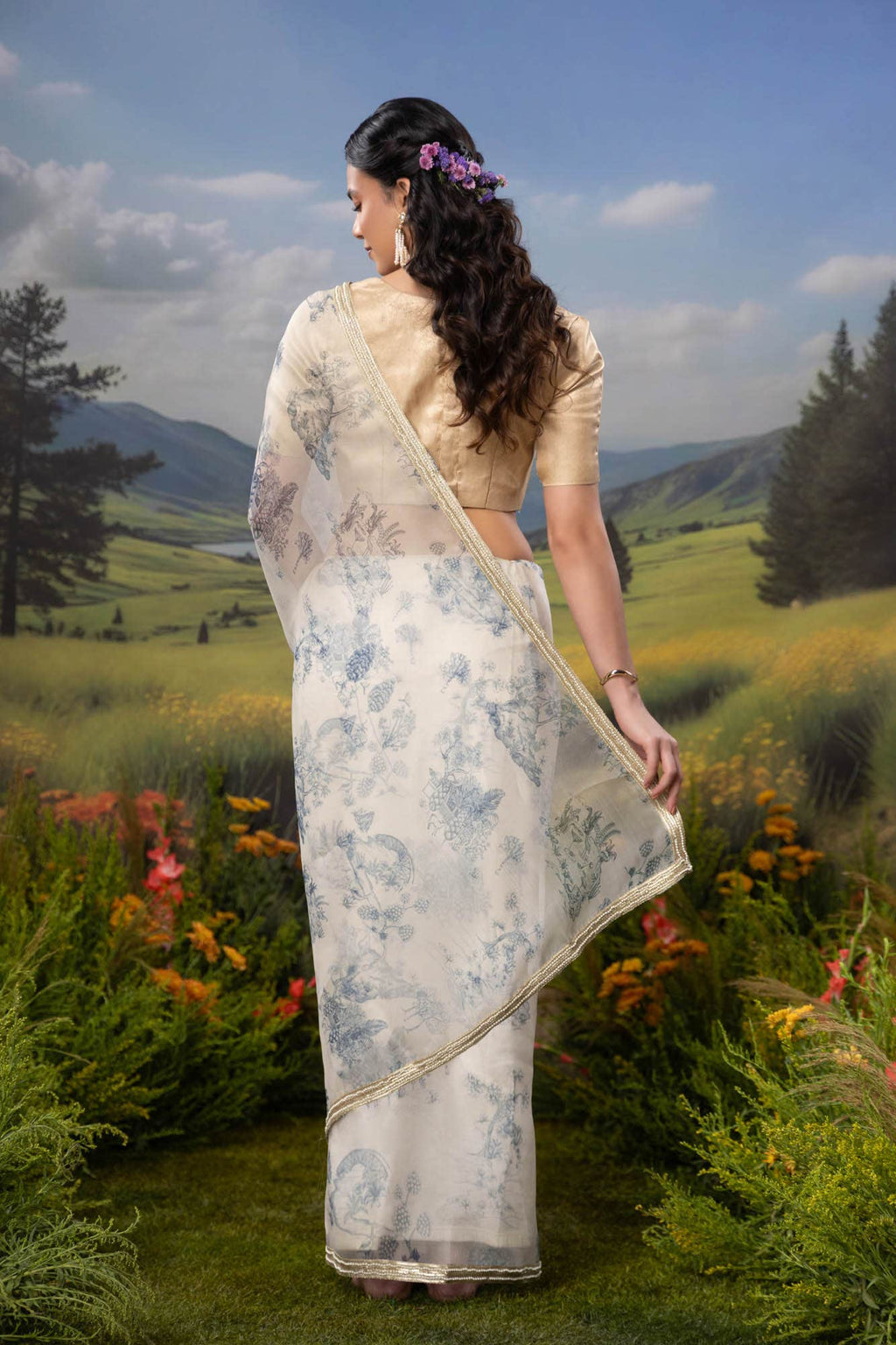 Blue Forest-White Pure Organza Silk Saree