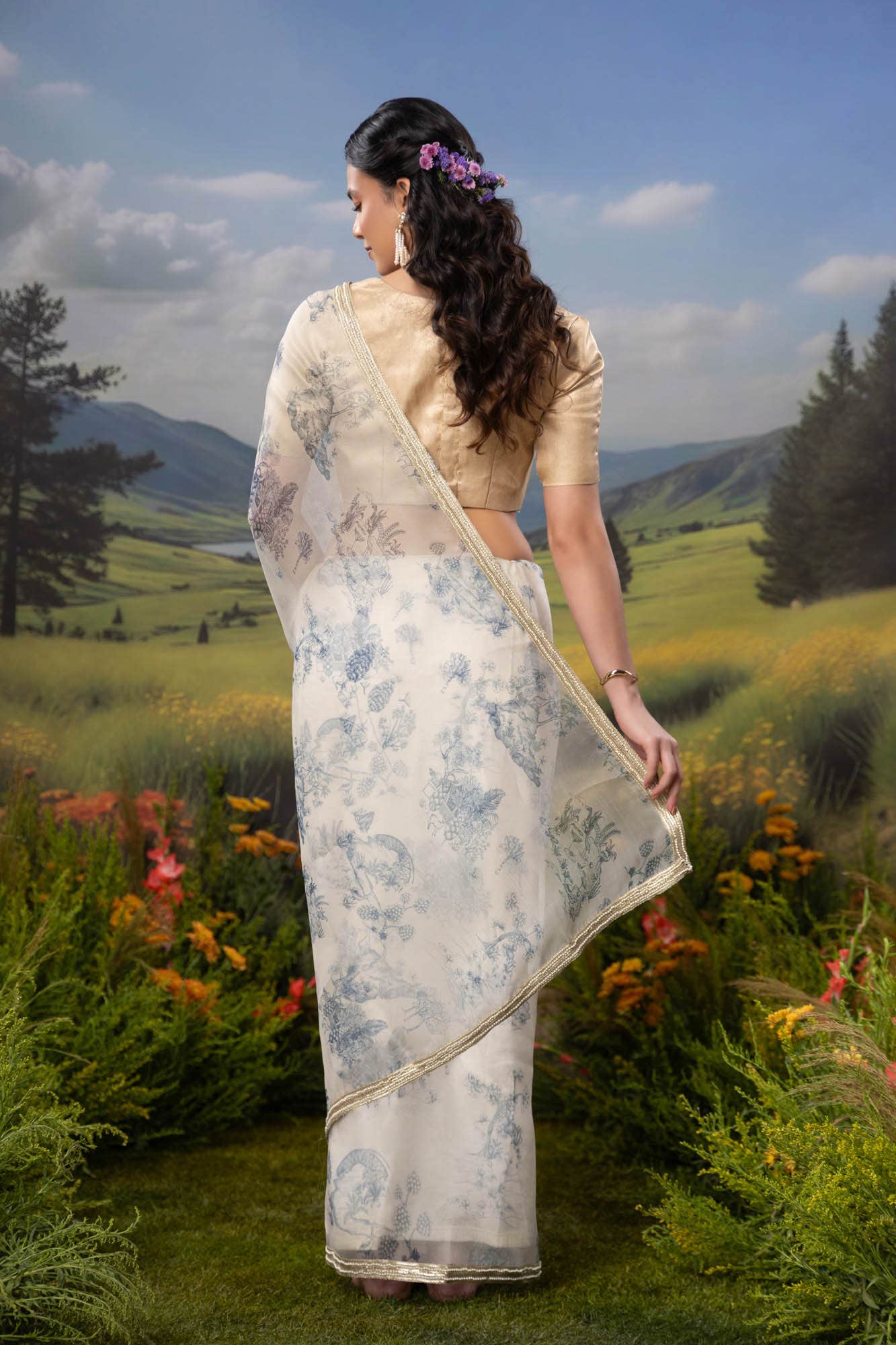 Blue Forest-White Pure Organza Silk Saree
