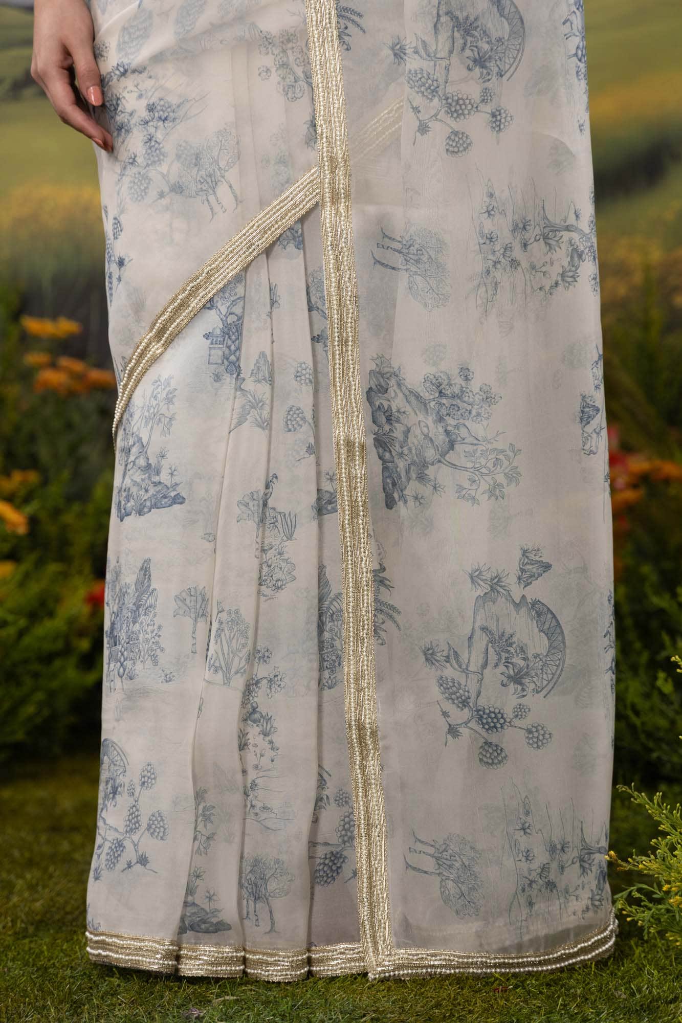 Blue Forest-White Pure Organza Silk Saree