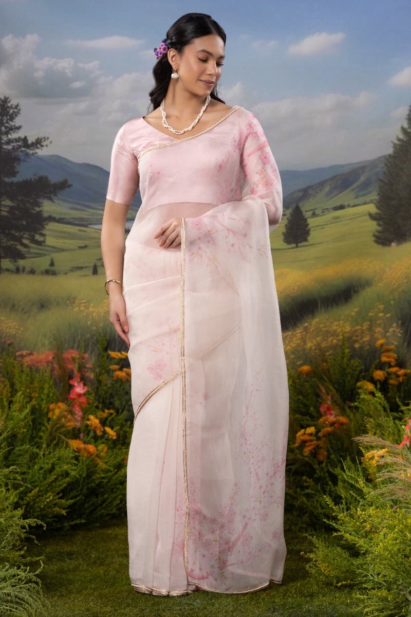 Sakura Shower-Off White Pure Organza Silk Saree