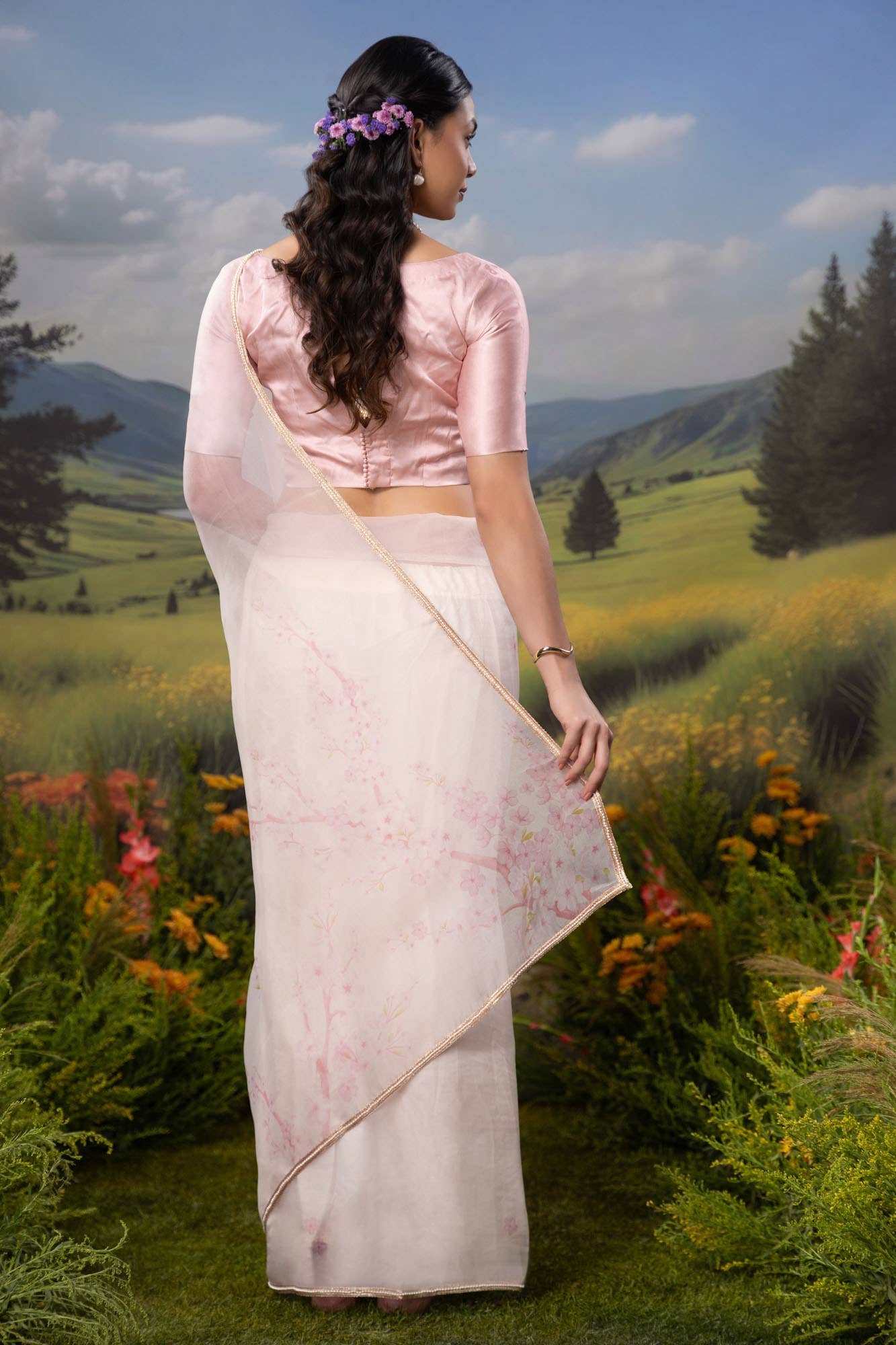 Sakura Shower-Off White Pure Organza Silk Saree