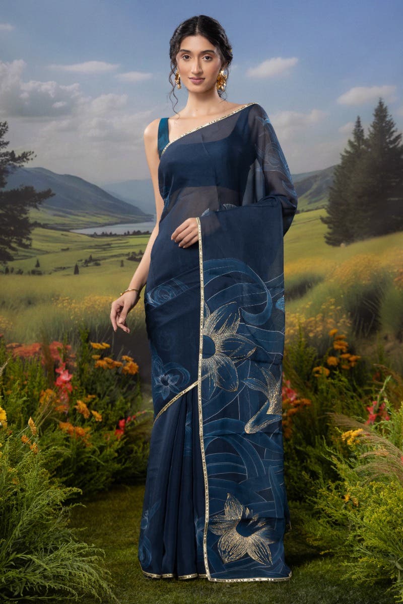 Gilded Daffodils-Blue Organza Silk Saree
