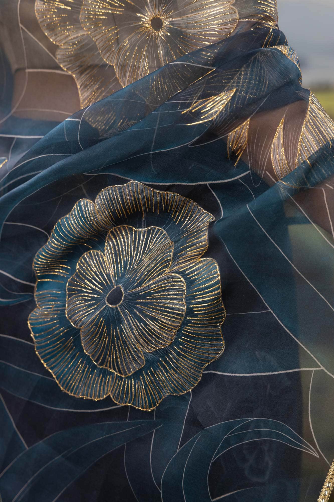Gilded Daffodils-Blue Pure Organza Silk Saree