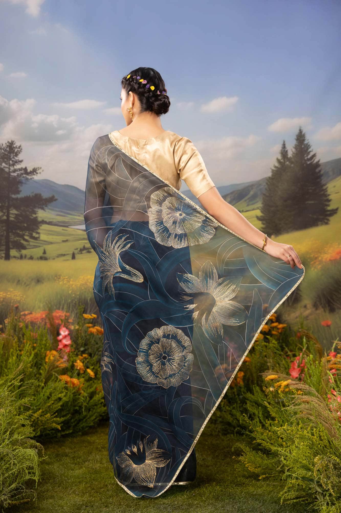 Gilded Daffodils-Blue Pure Organza Silk Saree