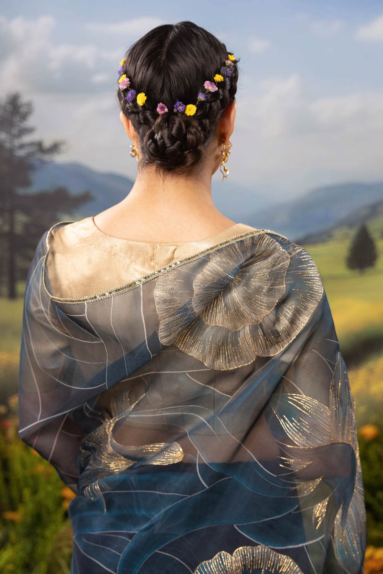 Gilded Daffodils-Blue Pure Organza Silk Saree