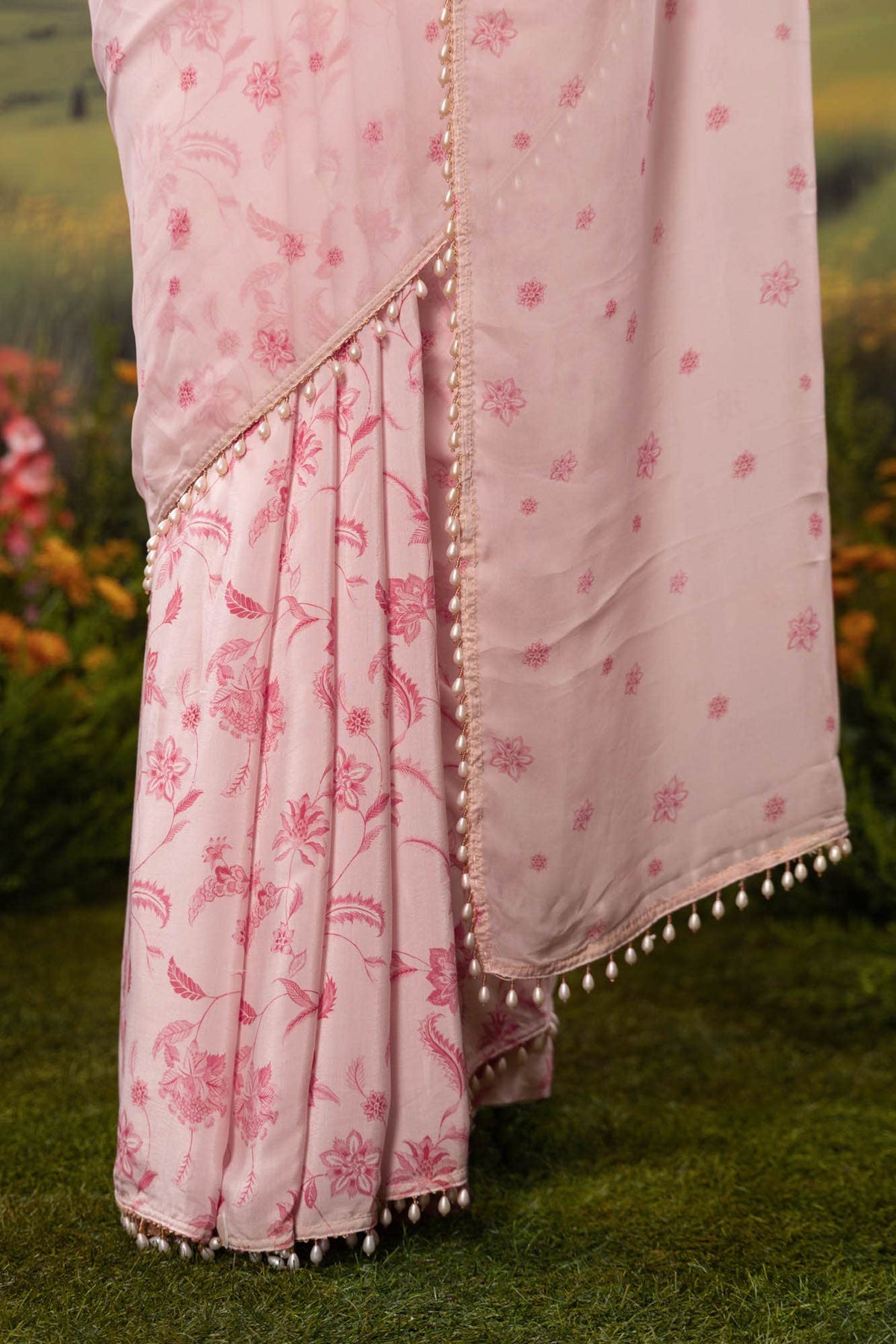 Flower Trails-Pastel Pink Organza Silk Saree