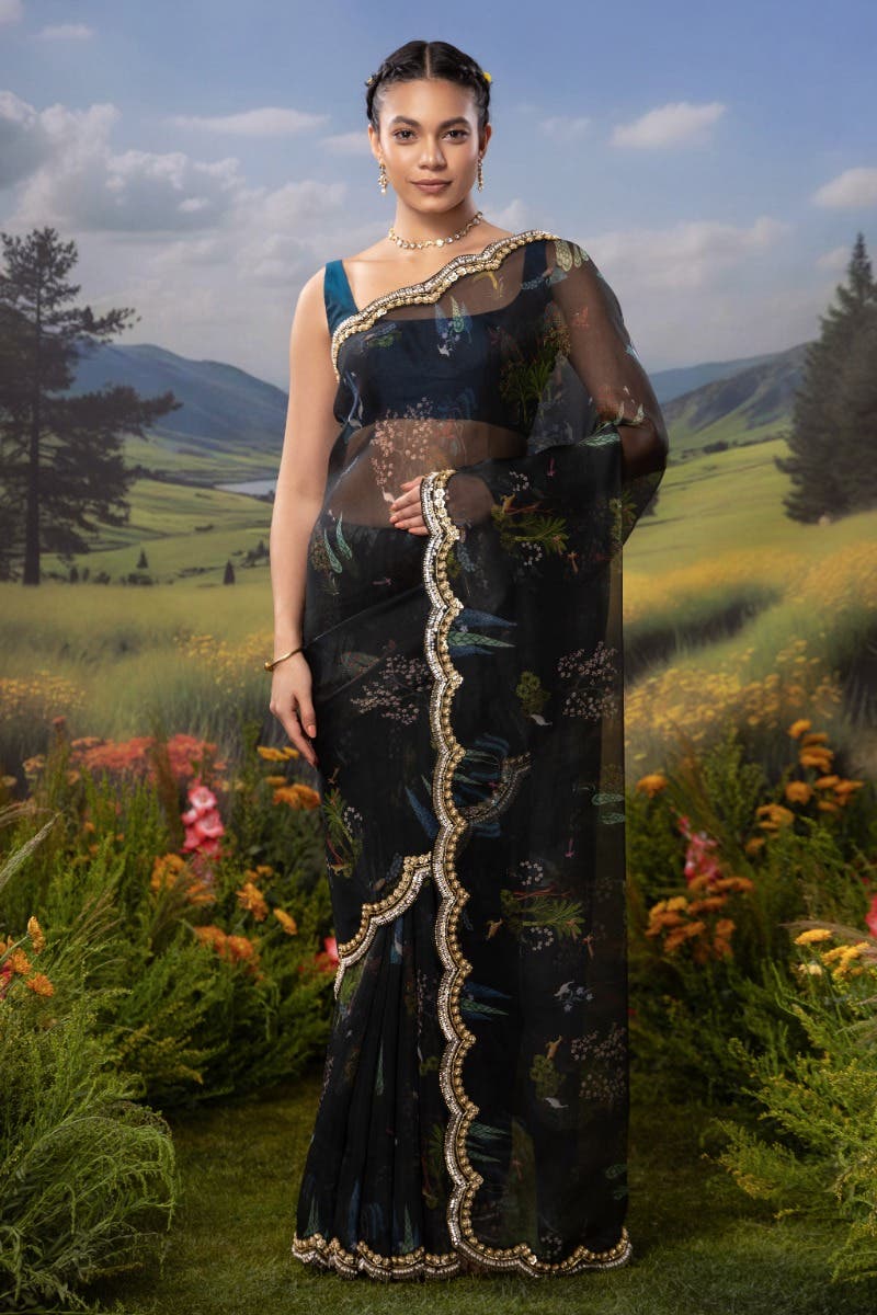 Enchanted Dreams-Dark Blue Pure Organza Silk Saree