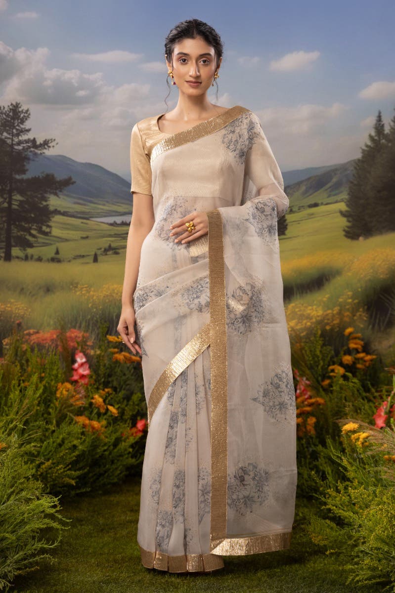 Etched in Gold-Off White Pure Organza Silk Saree