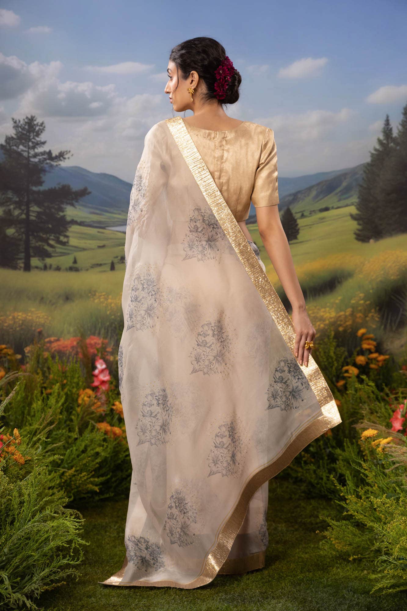 Etched in Gold-Off White Pure Organza Silk Saree