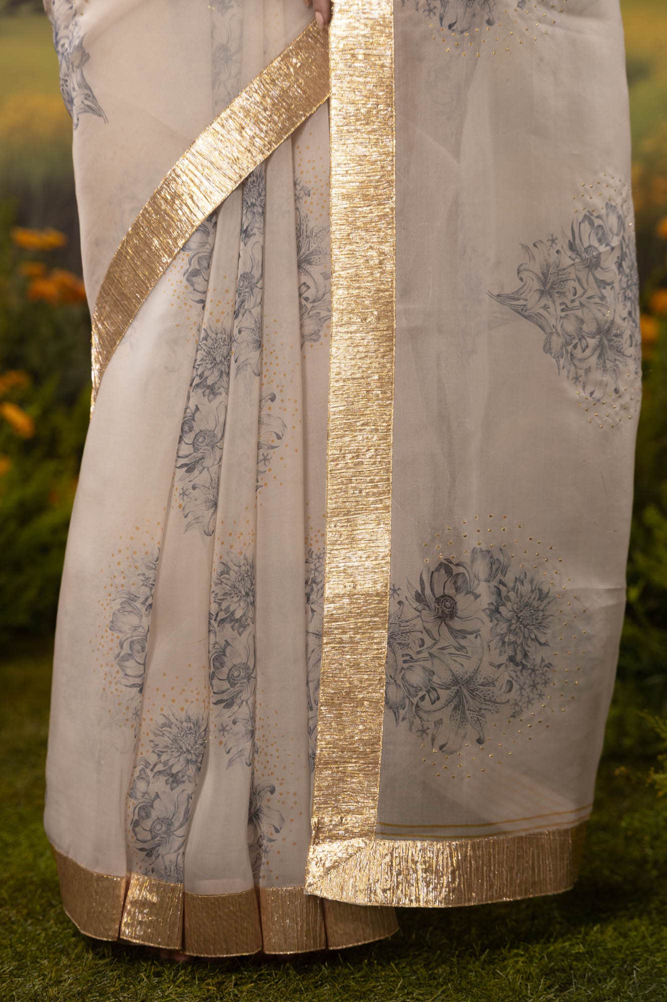 Etched in Gold-Off White Pure Organza Silk Saree