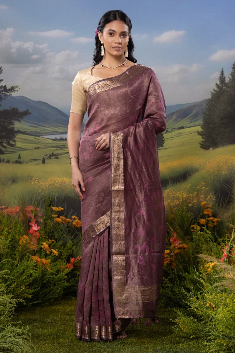 Ikebana's Promise-Wine Cotton Tissue Saree