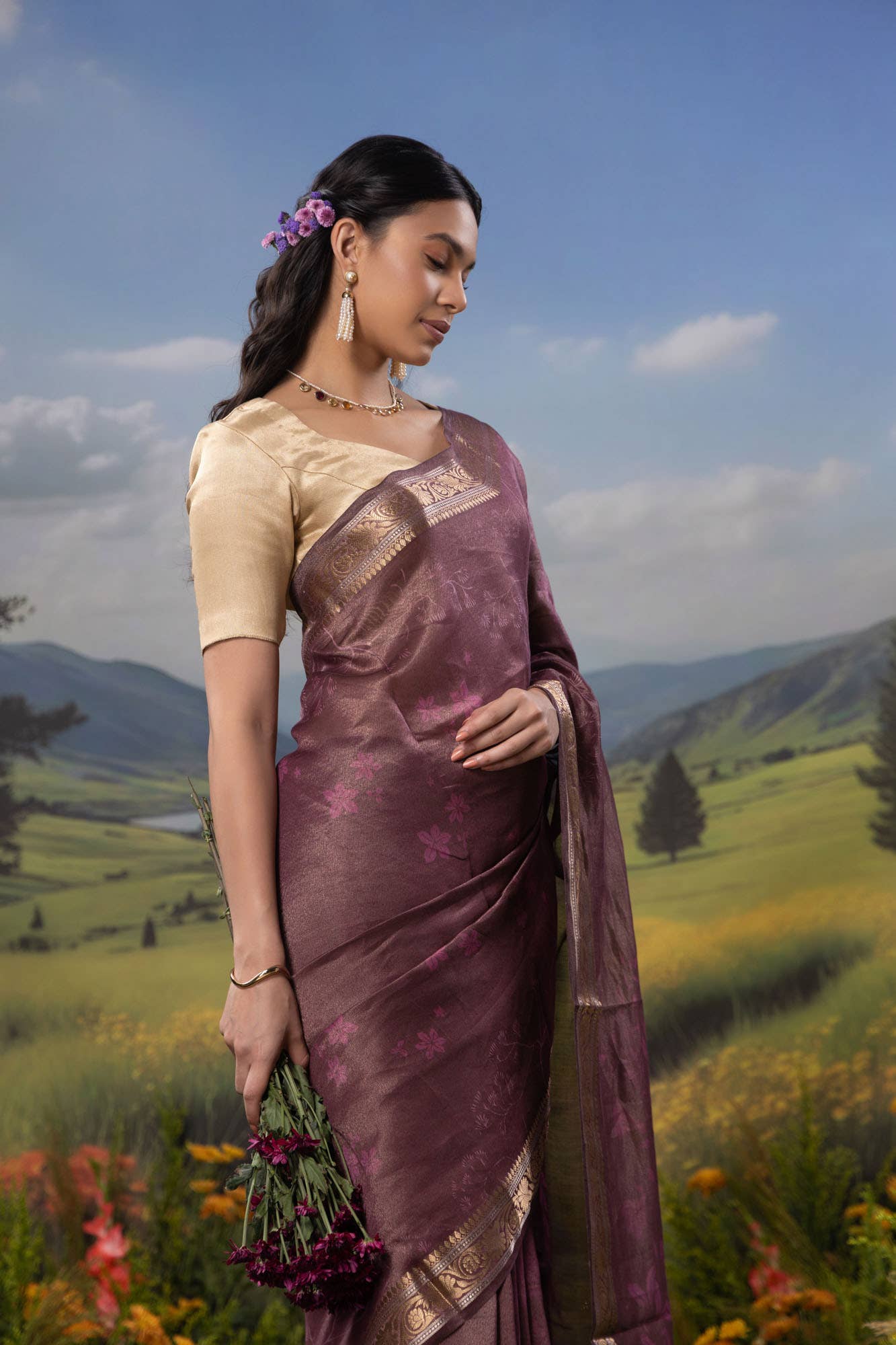 Ikebana's Promise-Wine Cotton Tissue Saree