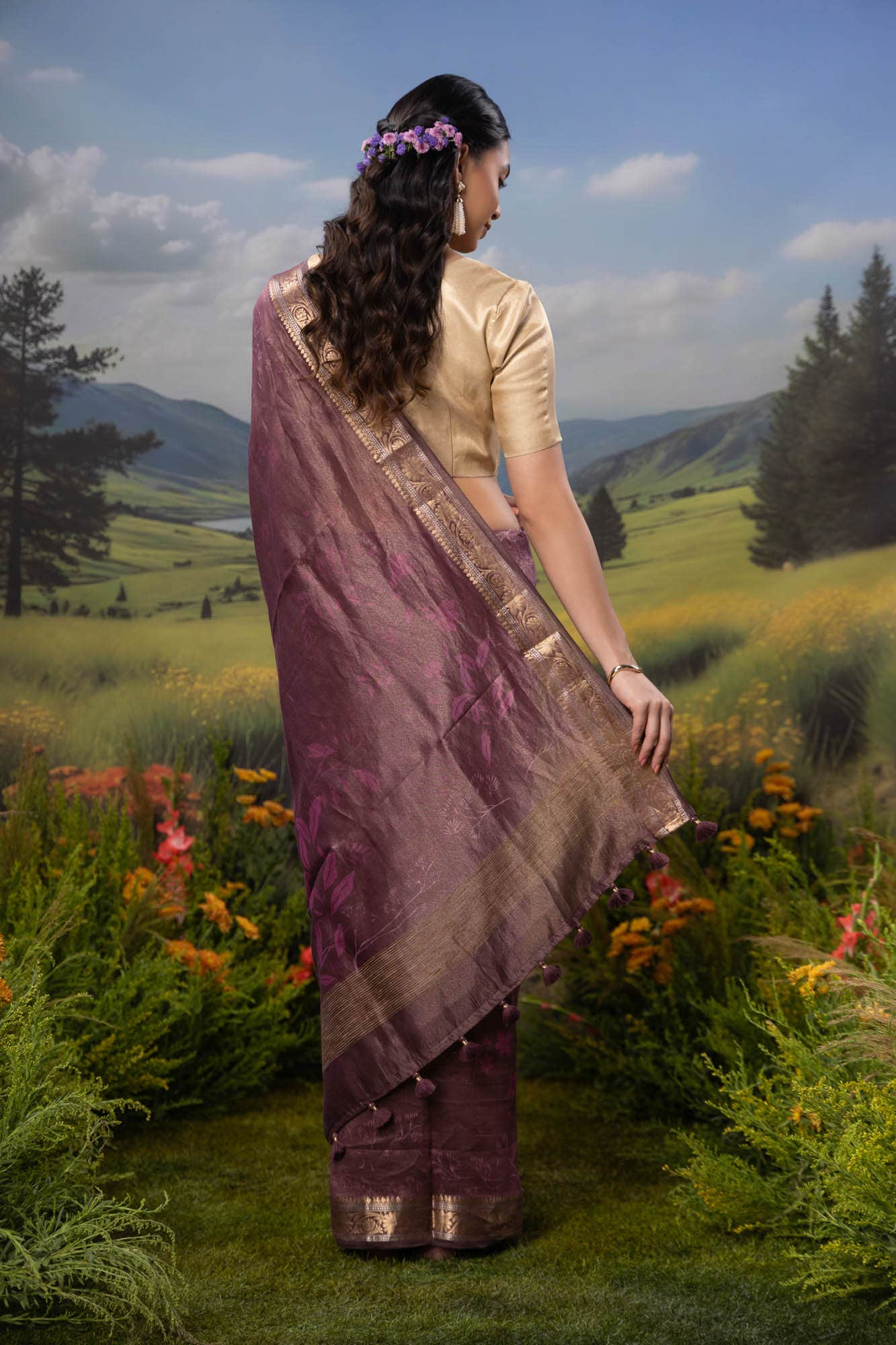 Ikebana's Promise-Wine Cotton Tissue Saree