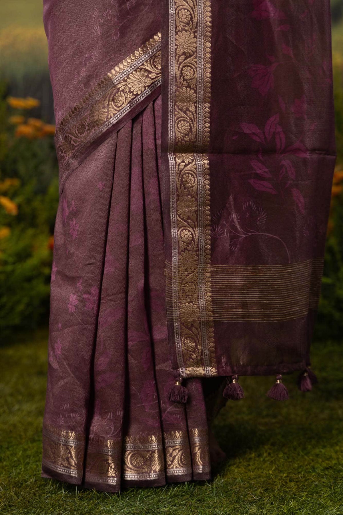 Ikebana's Promise-Wine Cotton Tissue Saree