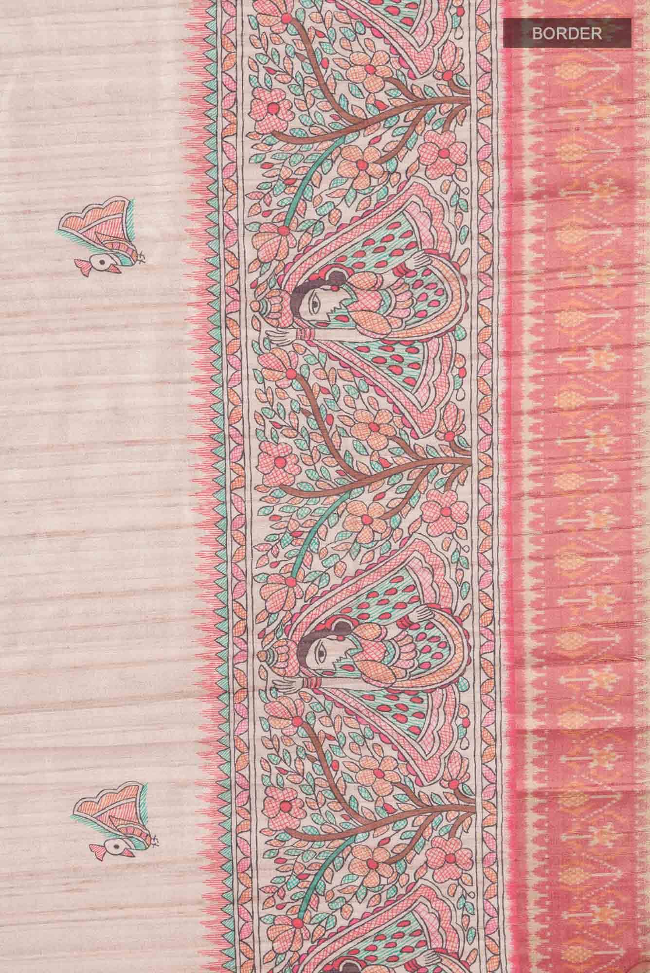 Beige Blended Tussar Silk Saree